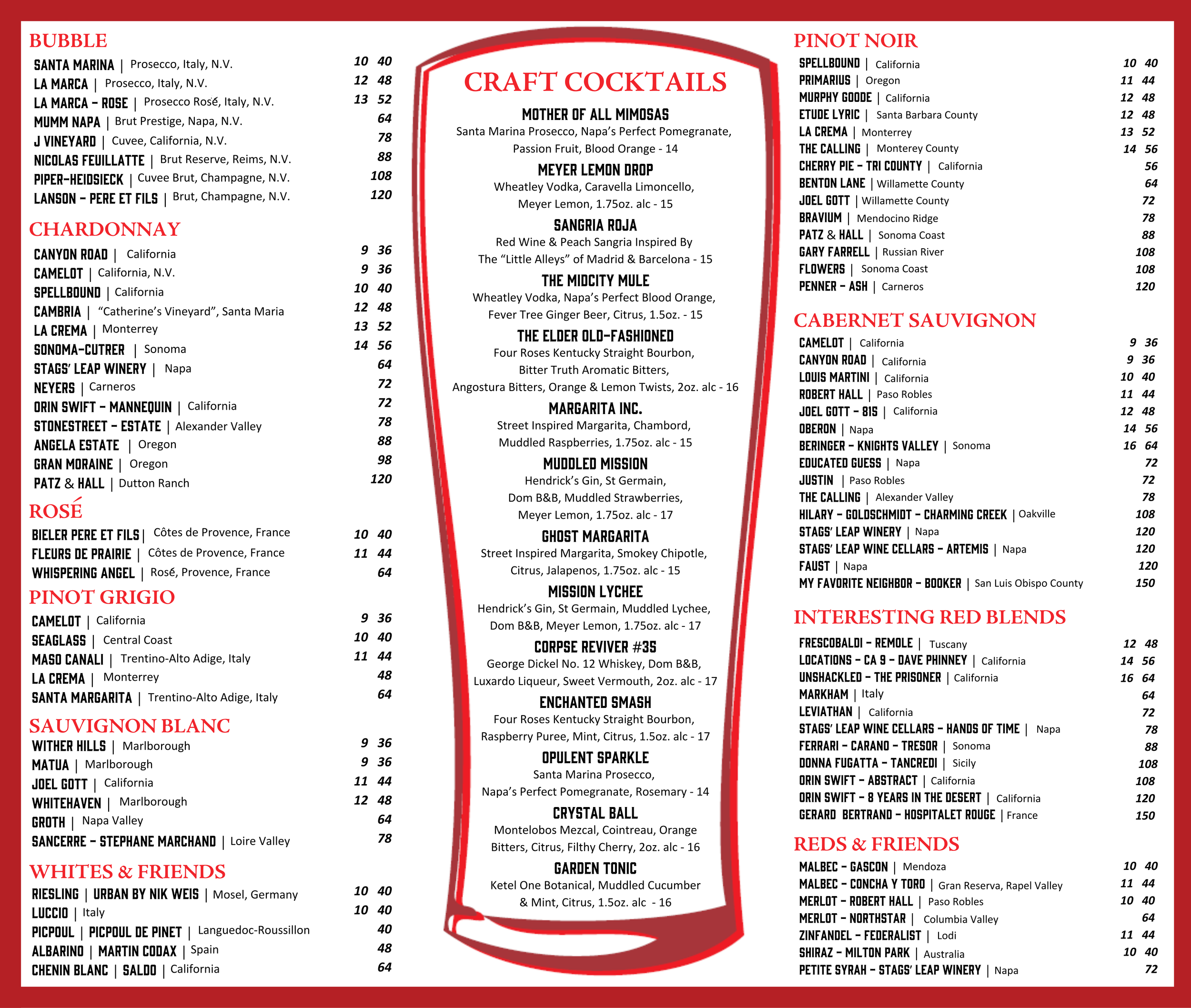 A wine menu featuring categories like bubbles, Chardonnay, Rosé, Sauvignon Blanc, Pinor Grigio, Red & Friends, and Interesting Red Blends, with specific wine names, their regions, and prices listed.