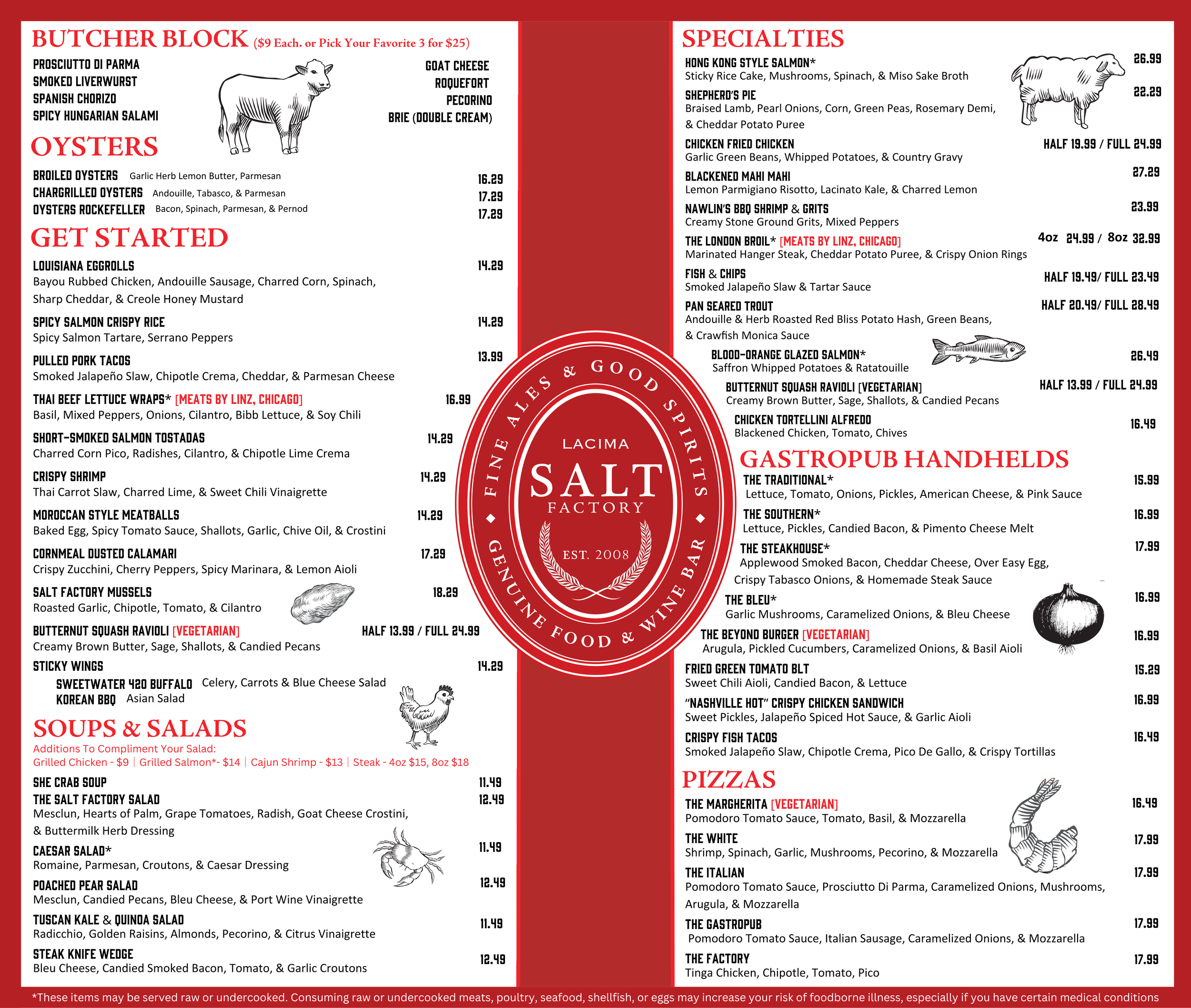 Restaurant menu featuring various food categories including butchers, oysters, soups, salads, specialties, gumbos, and pizzas. It has illustrations of a cow, a sheep, a chicken, a fish, and a hen next to relevant sections.