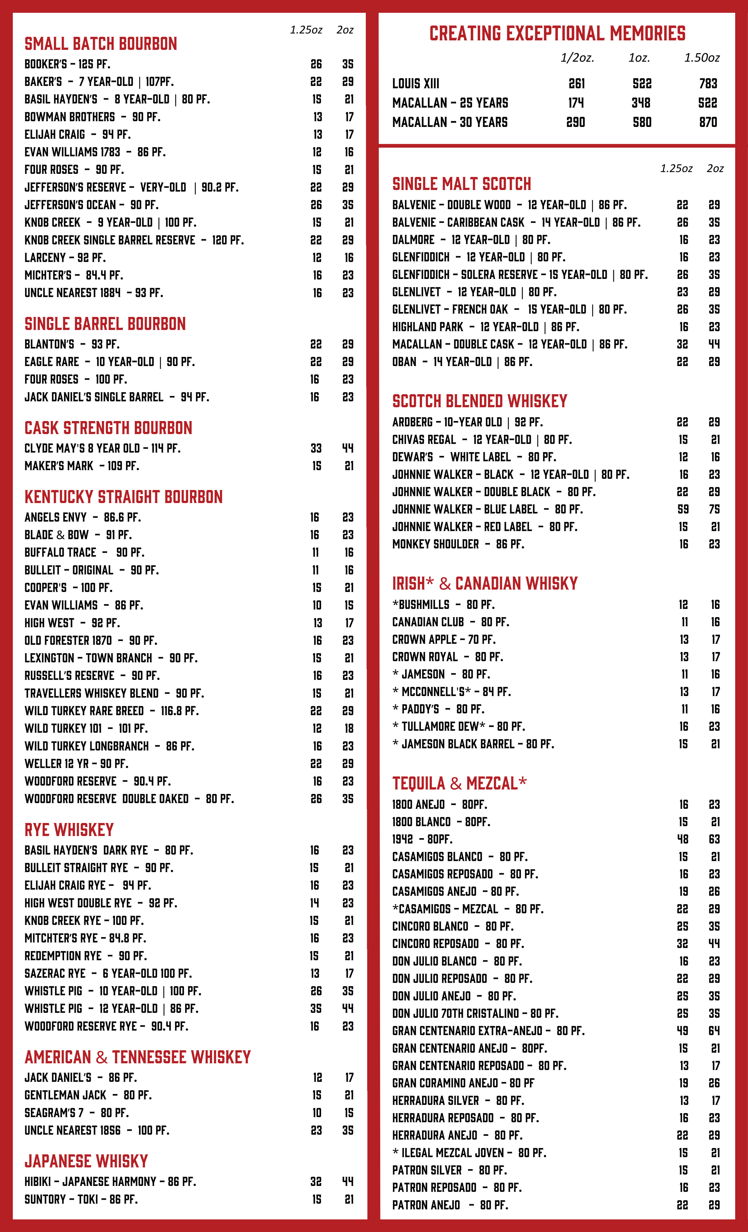 Whiskey and spirits menu with various brands and prices listed in a red and white format.