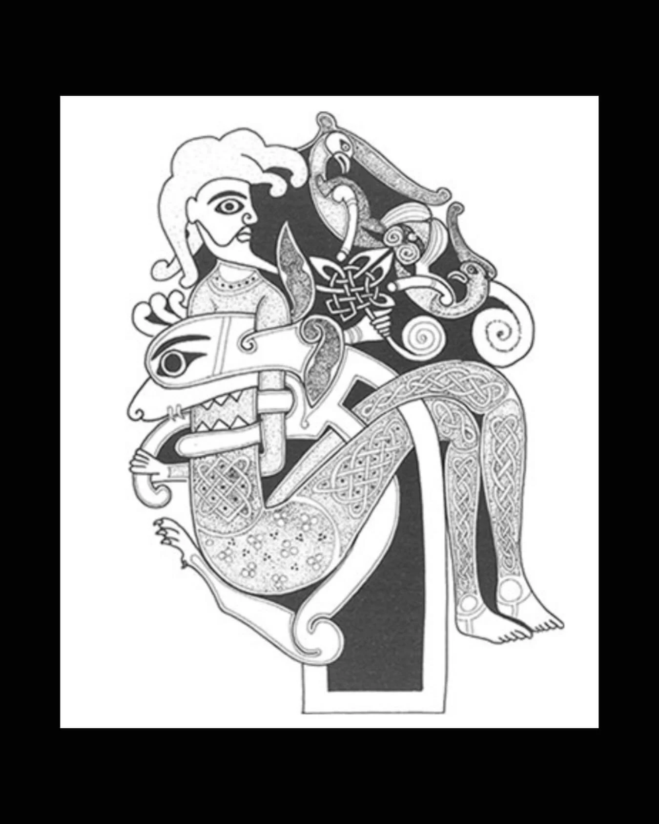 &ldquo;{In} the Book of Kells as well as the lion on the front page of Mark there&rsquo;s a similar lion crawling up the edge of the opening illuminated letter of the text itself. In its mouth is a bearded human figure which it is apparently about to