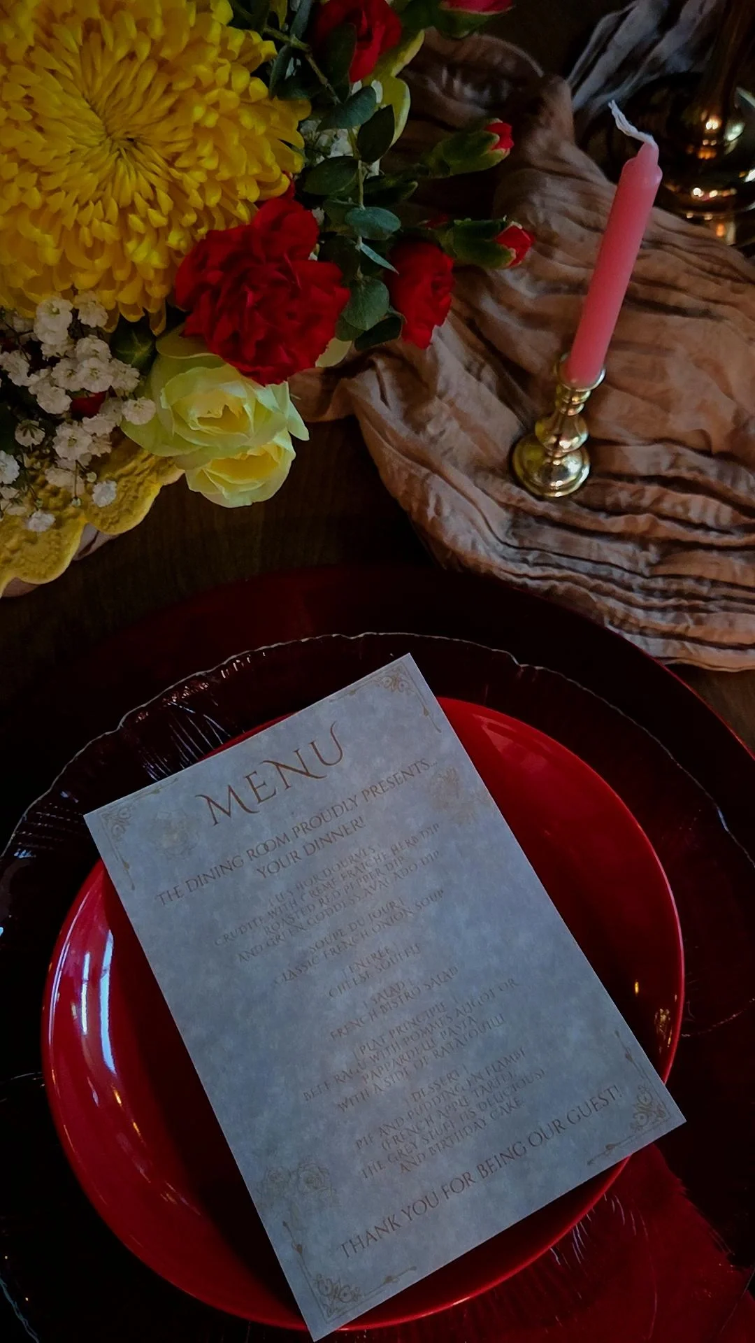 Belle of the ball dinner and dessert menu.
