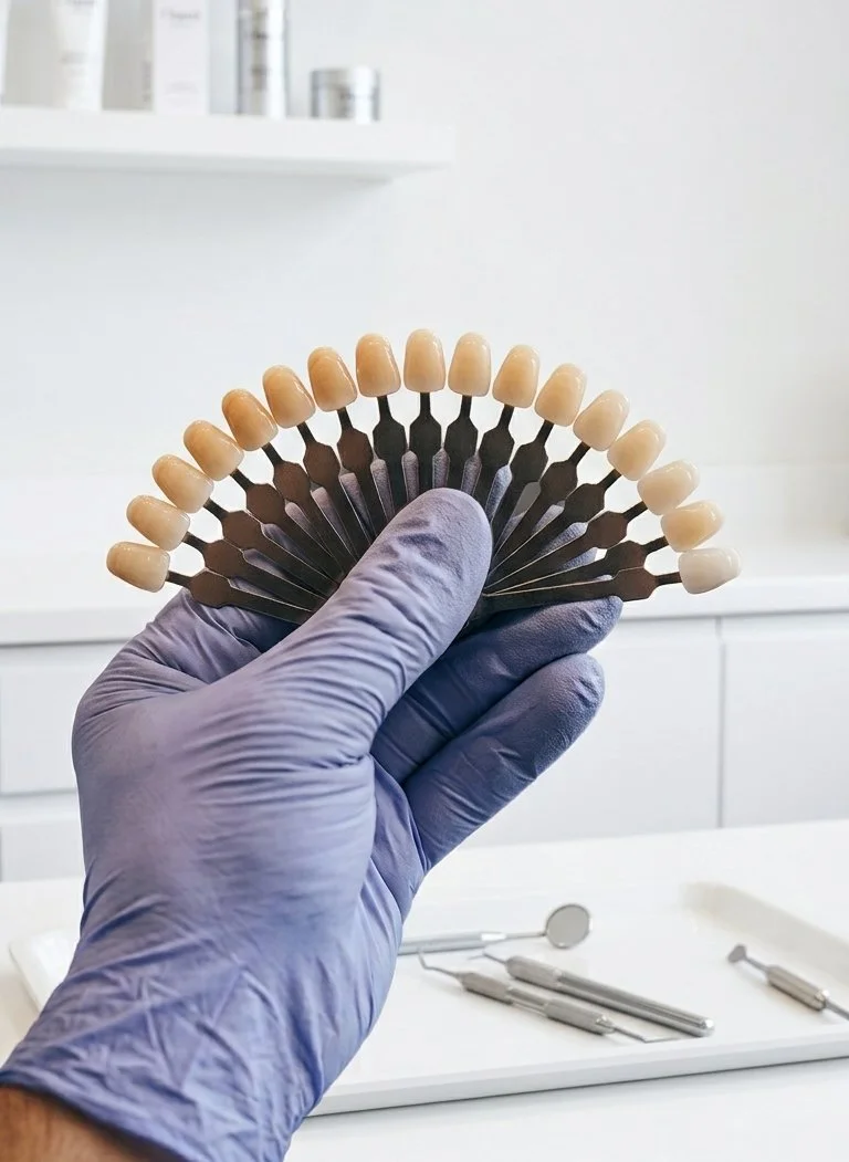 A gloved hand holding a shade guide for matching nail polish or fake nails in a dental or cosmetic lab setting.
