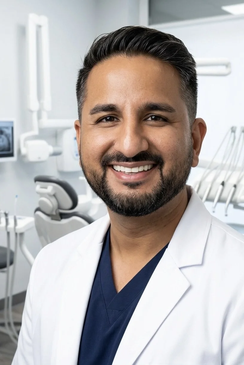 Smiling male dentist in white coat inside dental clinic with dental equipment in the background.