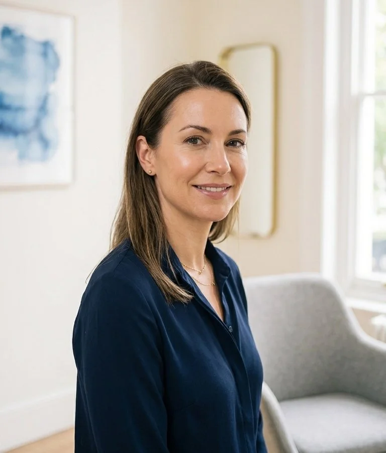 A woman with shoulder-length brown hair and fair skin, smiling, wearing a navy blue button-up shirt, standing in a well-lit room with a armchair, window, and artwork in the background.