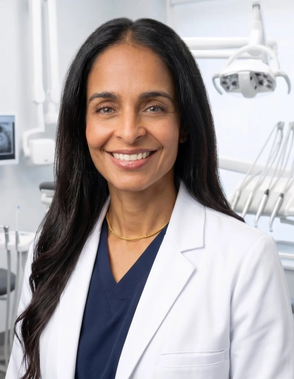 A smiling female dentist in a white coat standing in a dental clinic with dental equipment and tools in the background.
