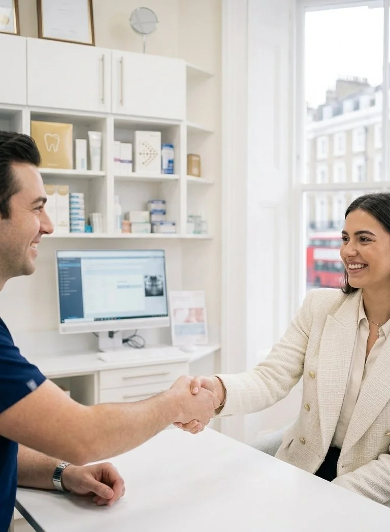 A woman and a man smiling and shaking hands in a medical office or clinic.