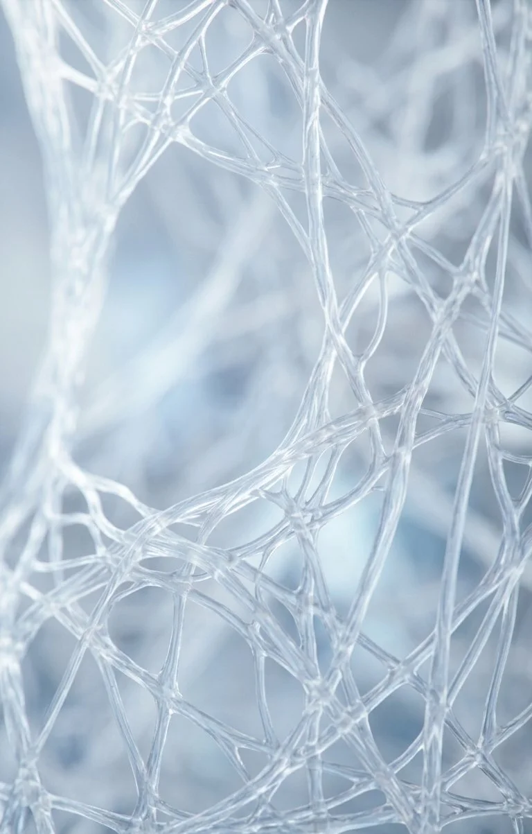 Close-up of clear, intertwined plastic or glass fibers creating a web-like structure on a soft background.