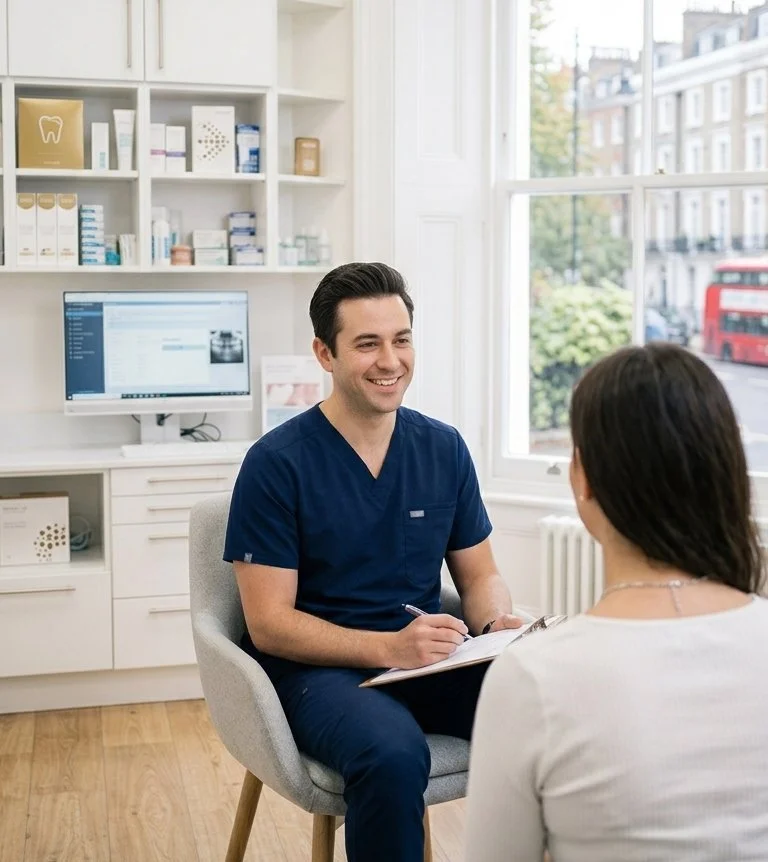 A male dentist in navy scrubs smiling and taking notes during a consultation with a woman in a white top, inside a dental office with a computer and shelves in the background.