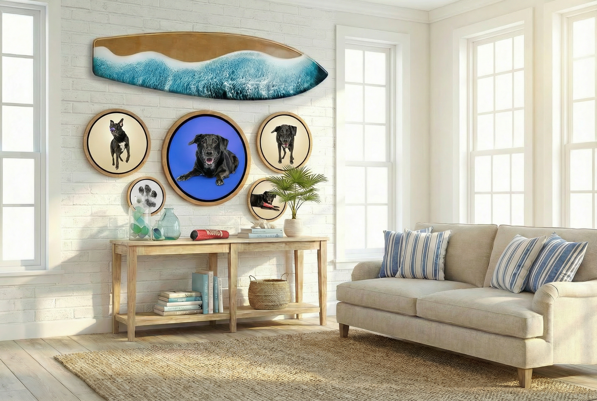 Bright living room with a beige sofa, striped pillows, wooden console table, potted palm, and black dog portraits beneath blue ocean-inspired wall art.