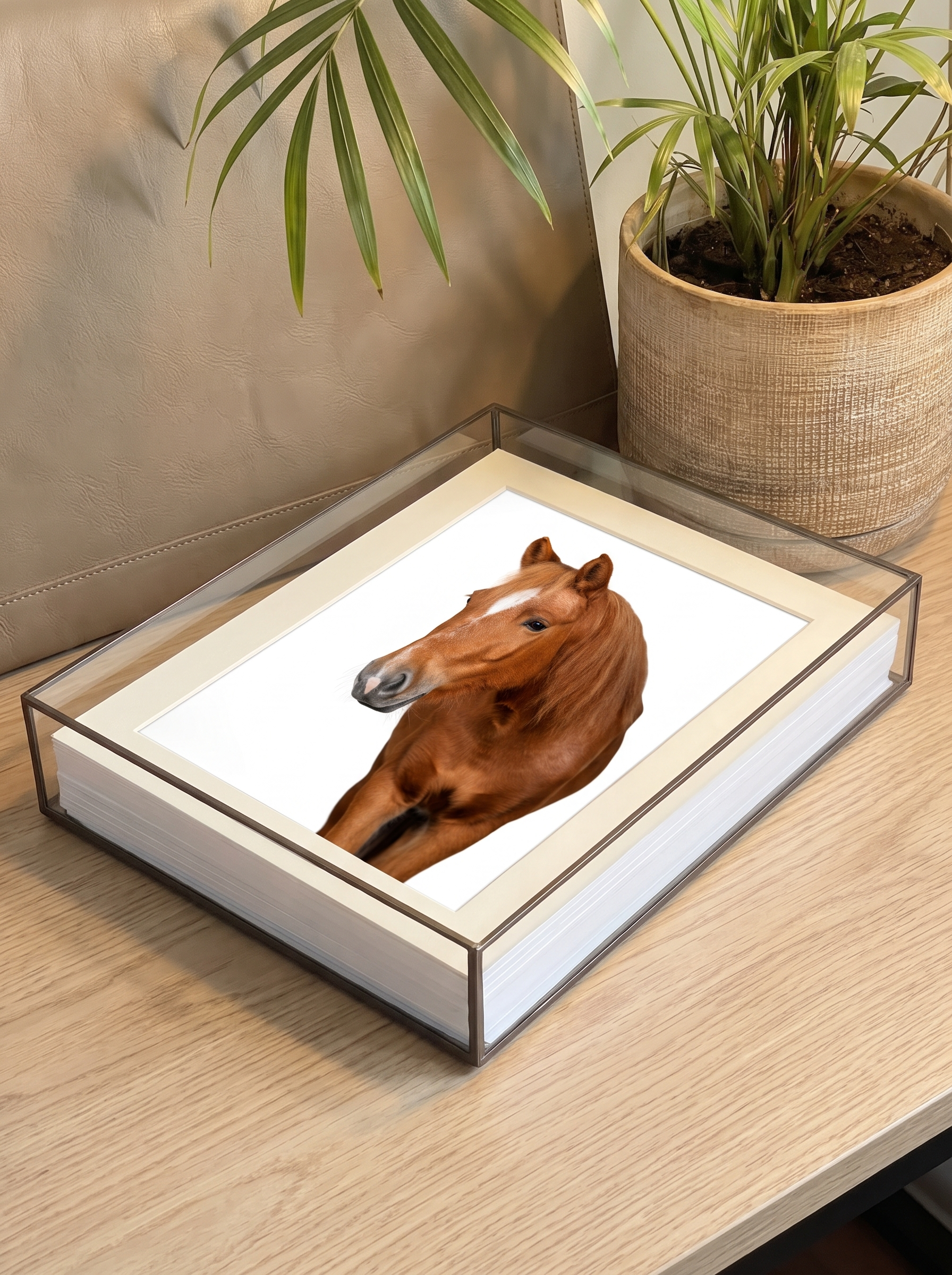 Framed illustration of a brown horse displayed beneath a glass cover on a wooden table beside a potted palm plant.