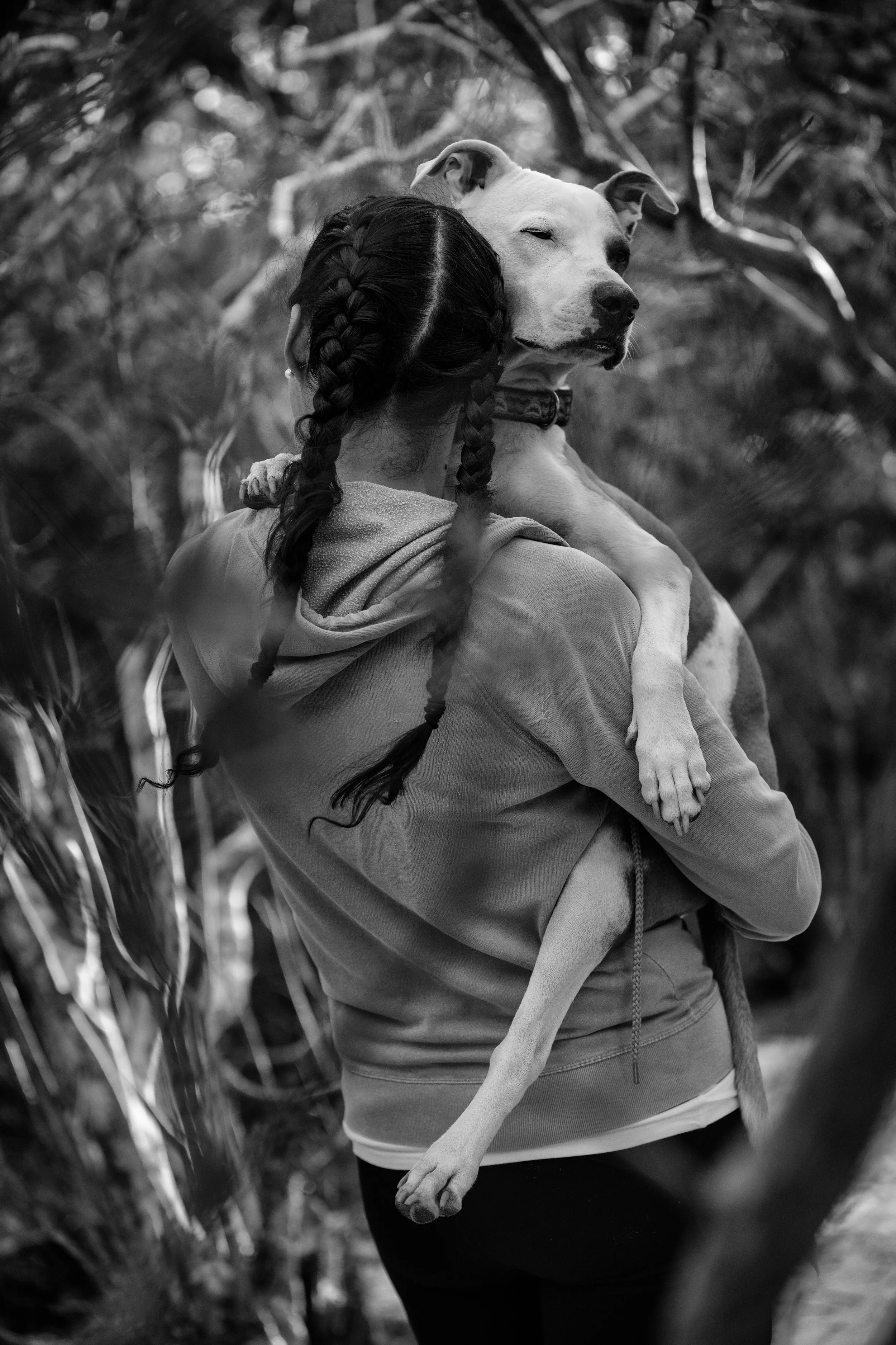 Seen from behind, a woman with two long braids carries her white dog over her shoulder on a wooded trail, the dog’s eyes closed in contentment.