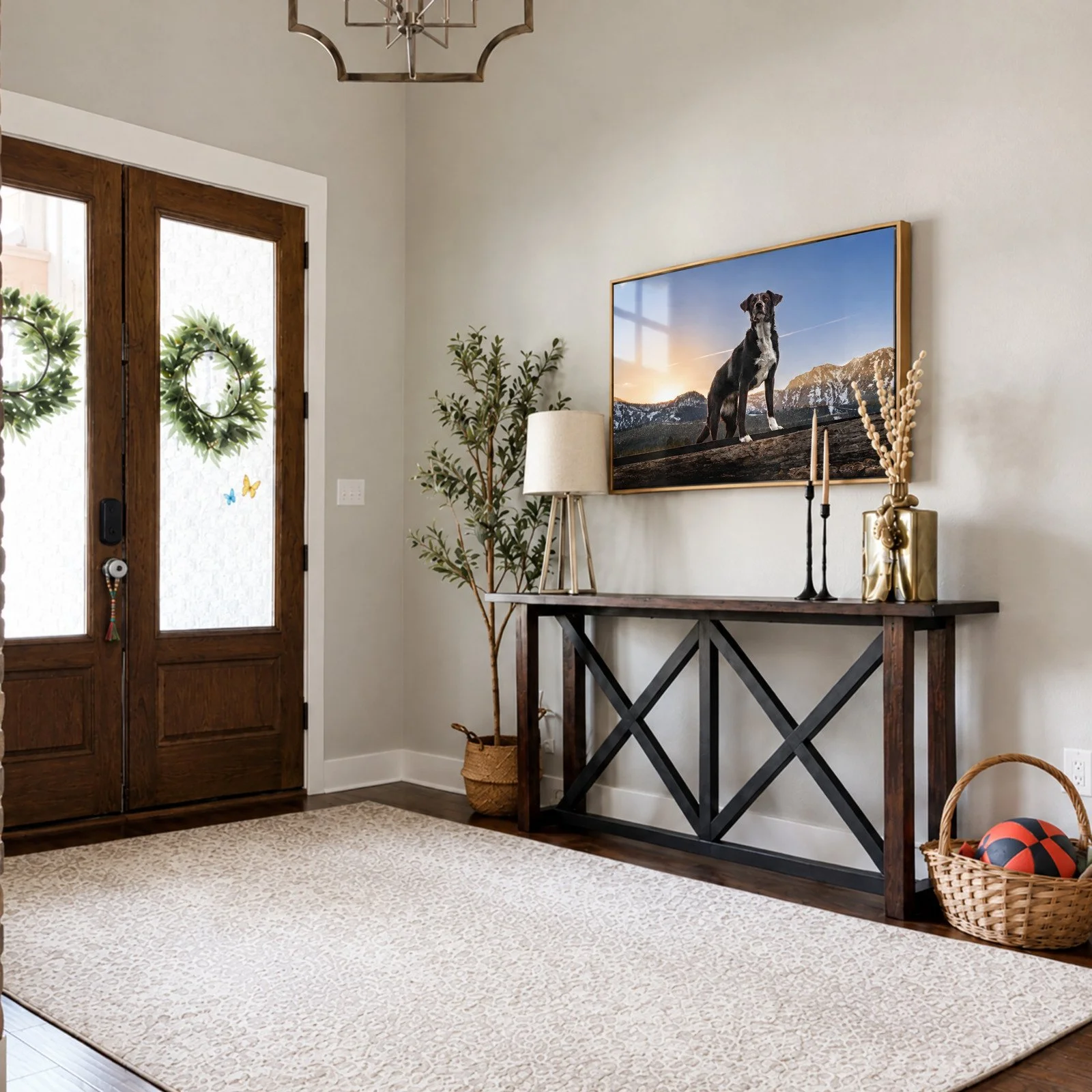 Large framed portrait of a black and white dog standing on a log with mountains behind, hung above an entryway console