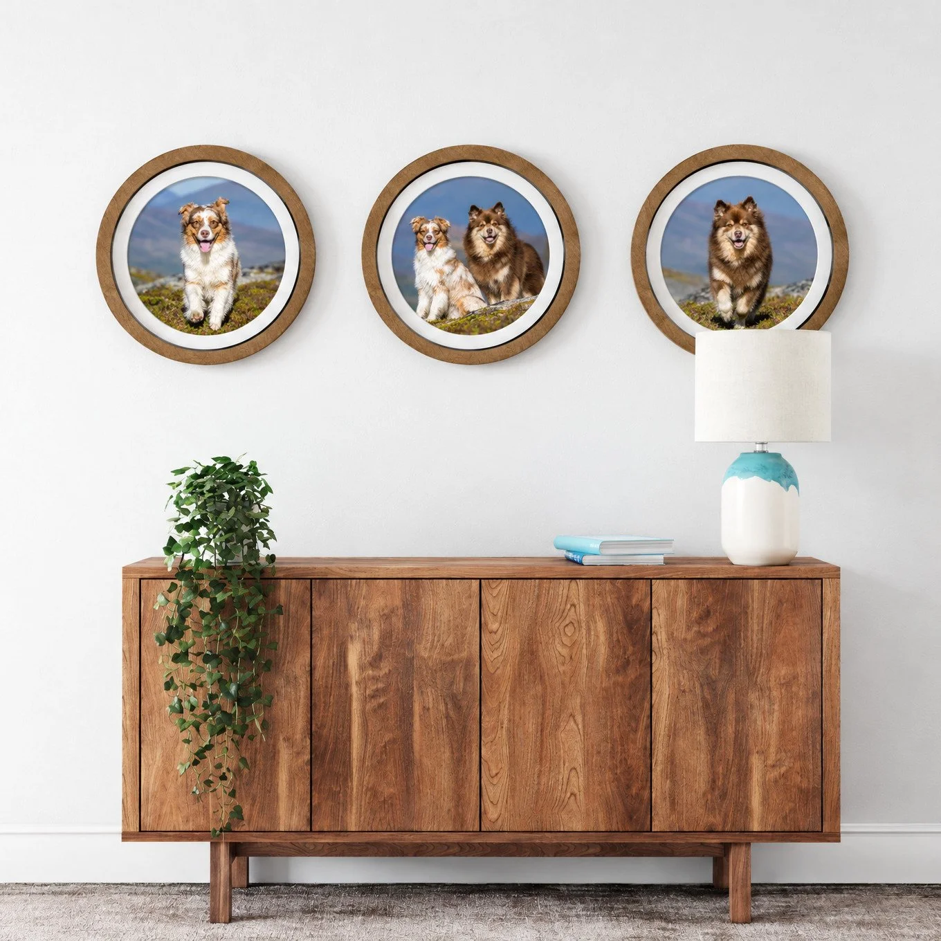 Three round framed dog portraits hung above a wooden sideboard