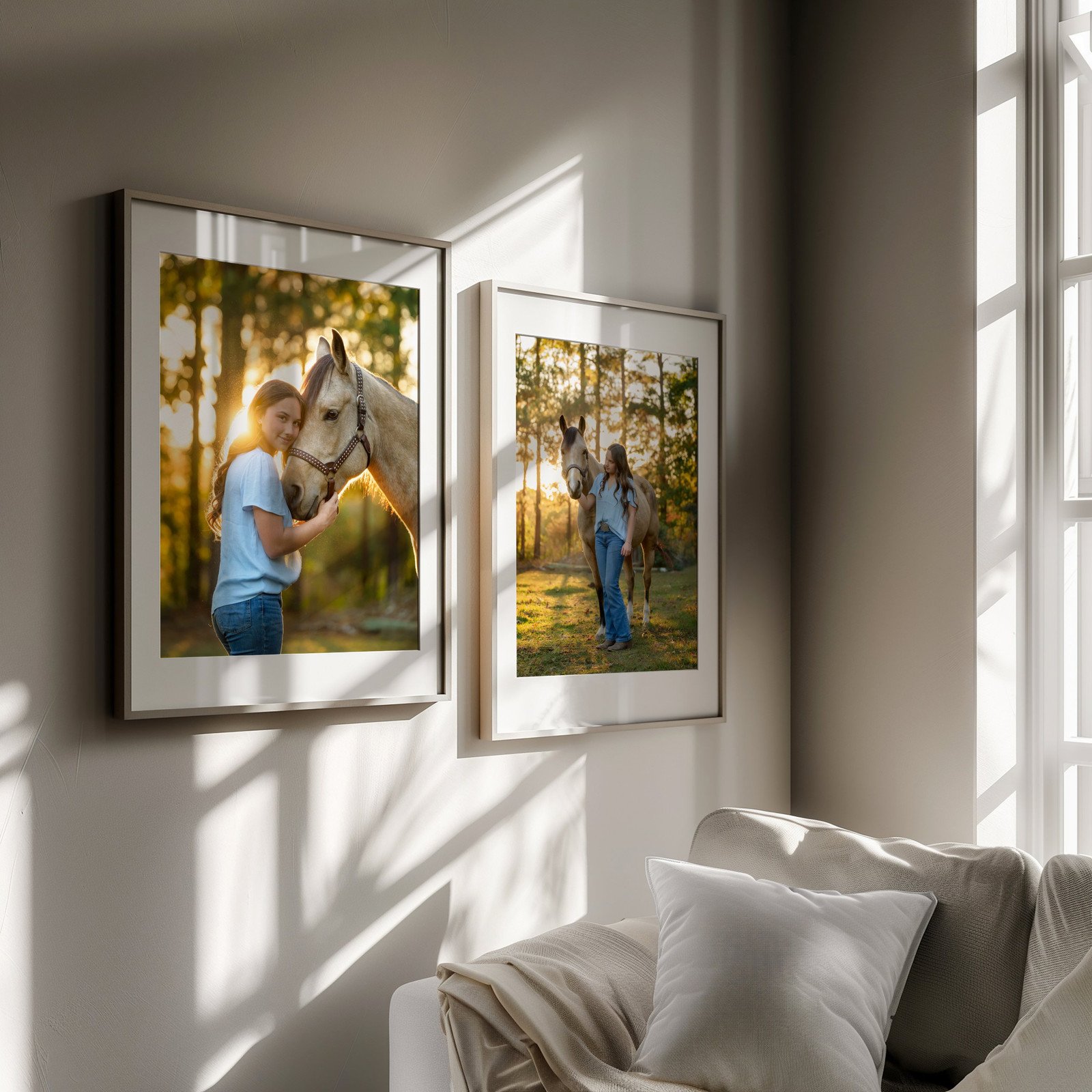 Two framed portraits of a rider with her buckskin horse in golden light, hung in a living room