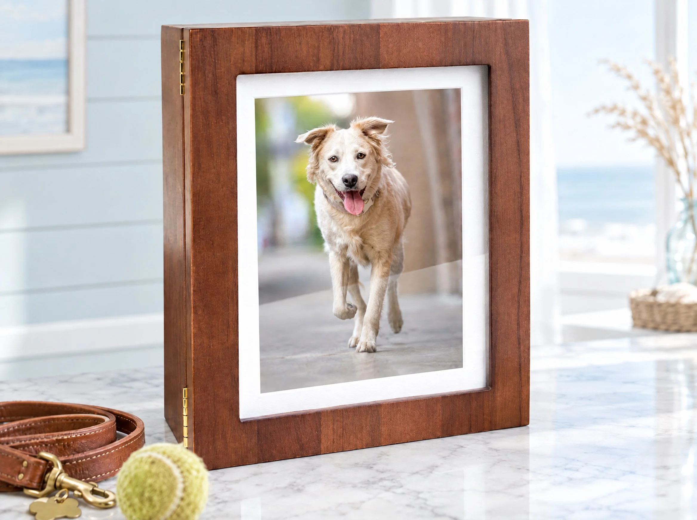 Walnut heirloom box with a framed portrait of a cream and gold dog walking toward the camera on a city sidewalk, beside a leather leash and tennis ball