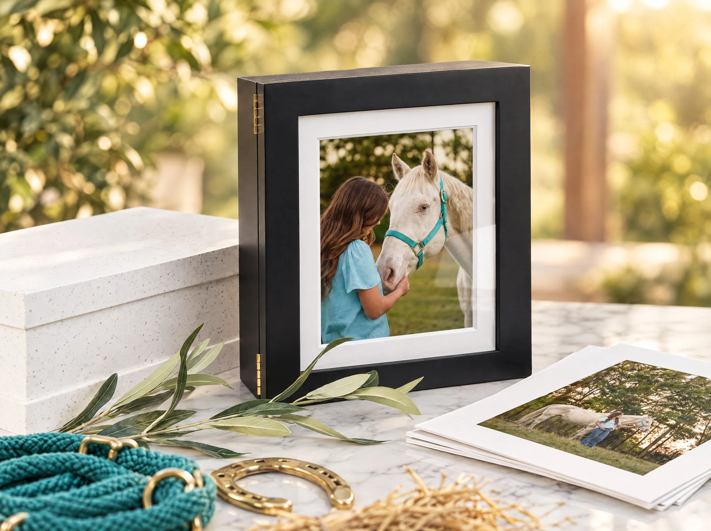 Black heirloom box with a framed portrait of a girl in a turquoise shirt nuzzling a white horse, with matted prints, a brass horseshoe, and a turquoise lead rope beside it