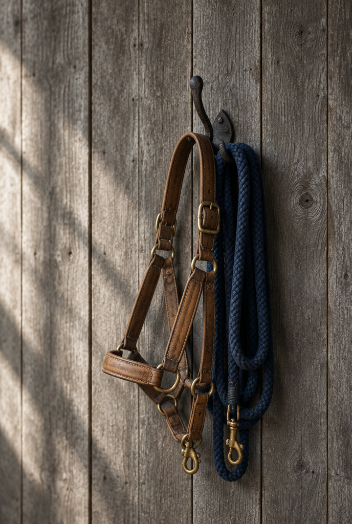 Leather horse halter and coiled navy lead rope hanging on a rustic wooden wall hook