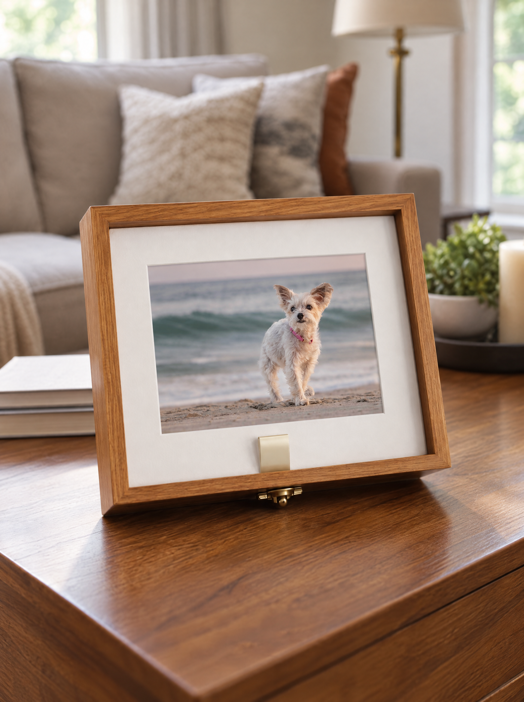 Framed photo of a small white dog wearing a pink collar on a beach, displayed on a wooden table in a cozy living room