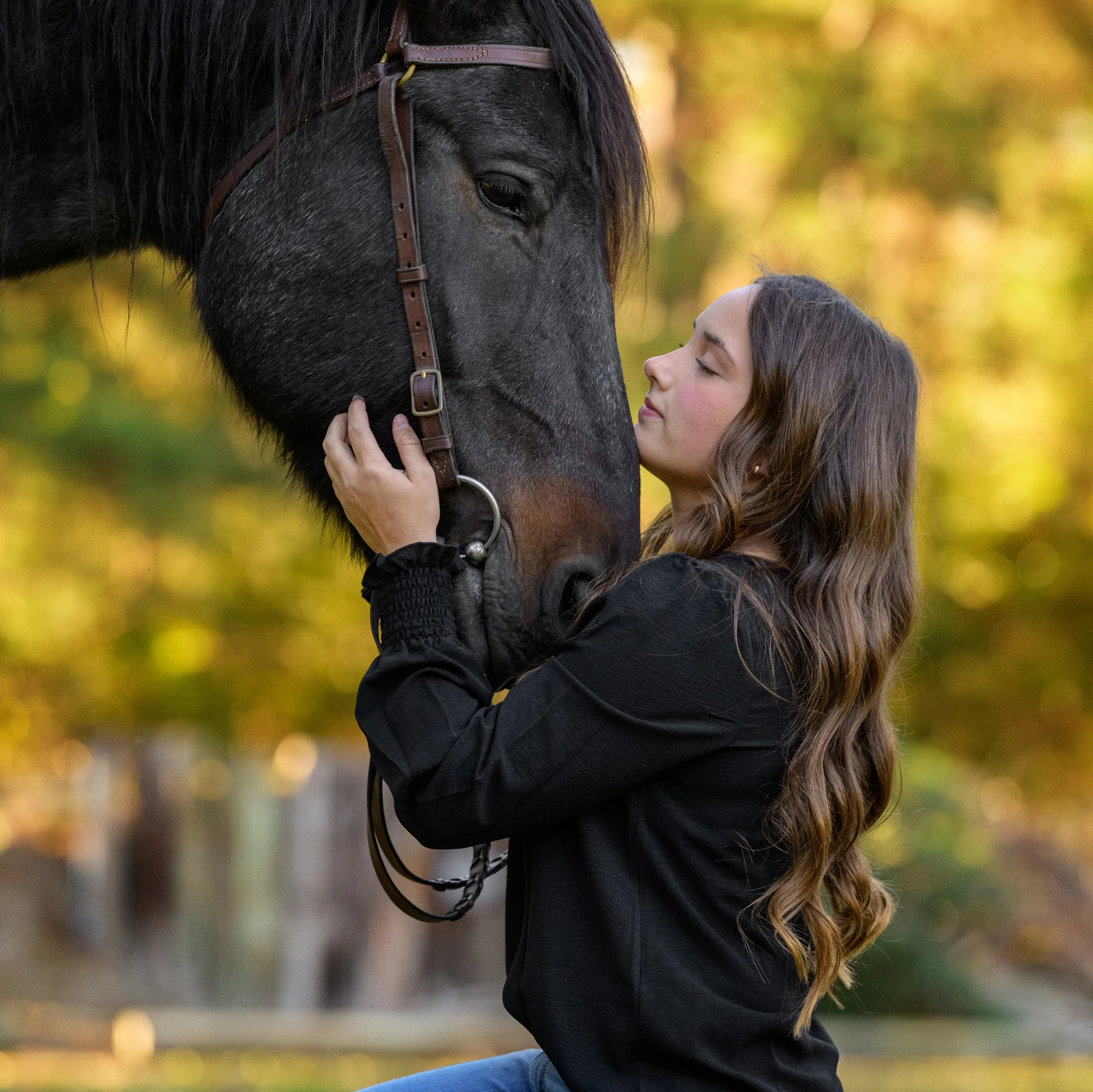Woman embracing a dark horse wearing a leather bridle outdoors in autumn