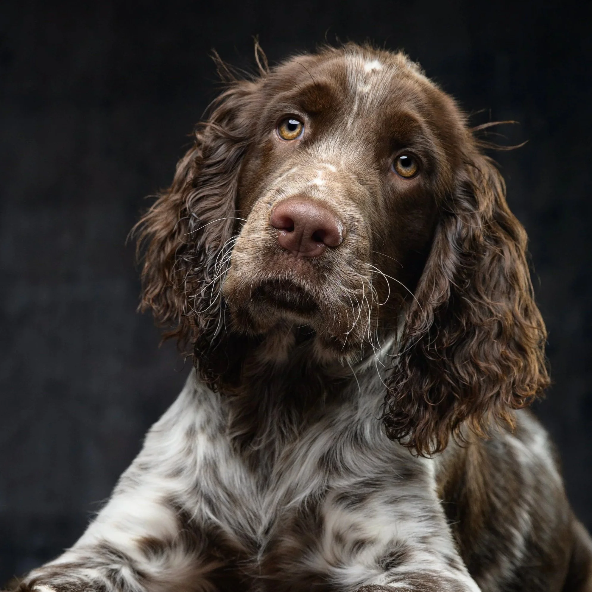 Close-up of a brown-and-white spaniel with long curly ears resting its paws on a vintage leather trunk against a dark background.