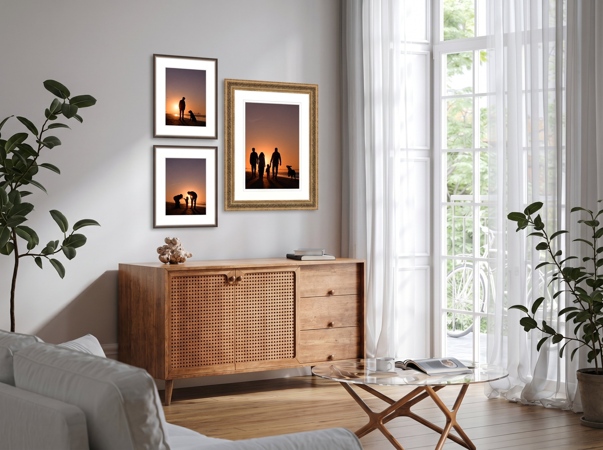 Bright modern living room with a wooden cane-front credenza, framed sunset family photos, houseplants, and sheer curtains over tall windows.