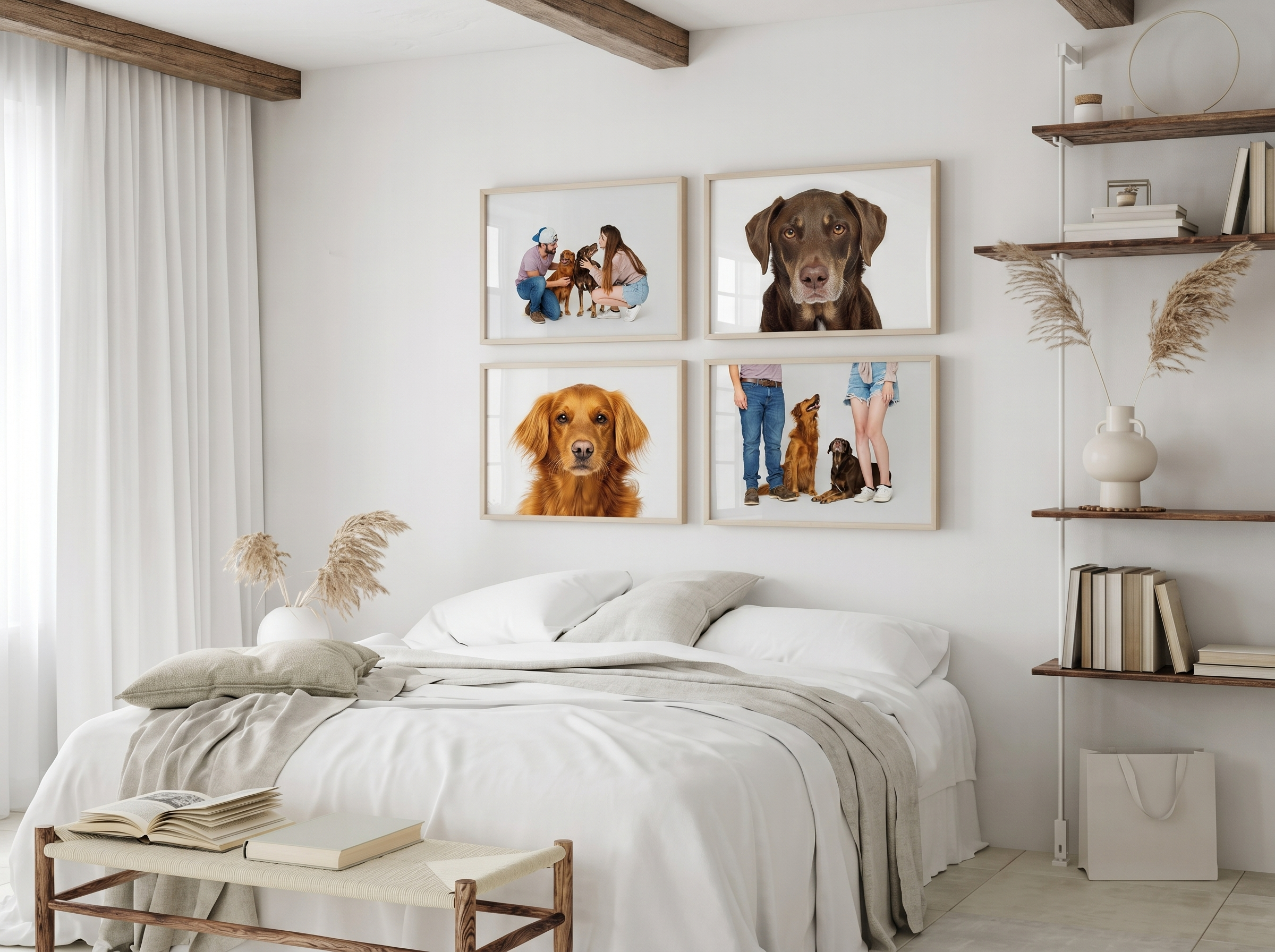 Bright modern bedroom with a white bed, wood shelves, pampas grass, and four framed dog photographs on the wall