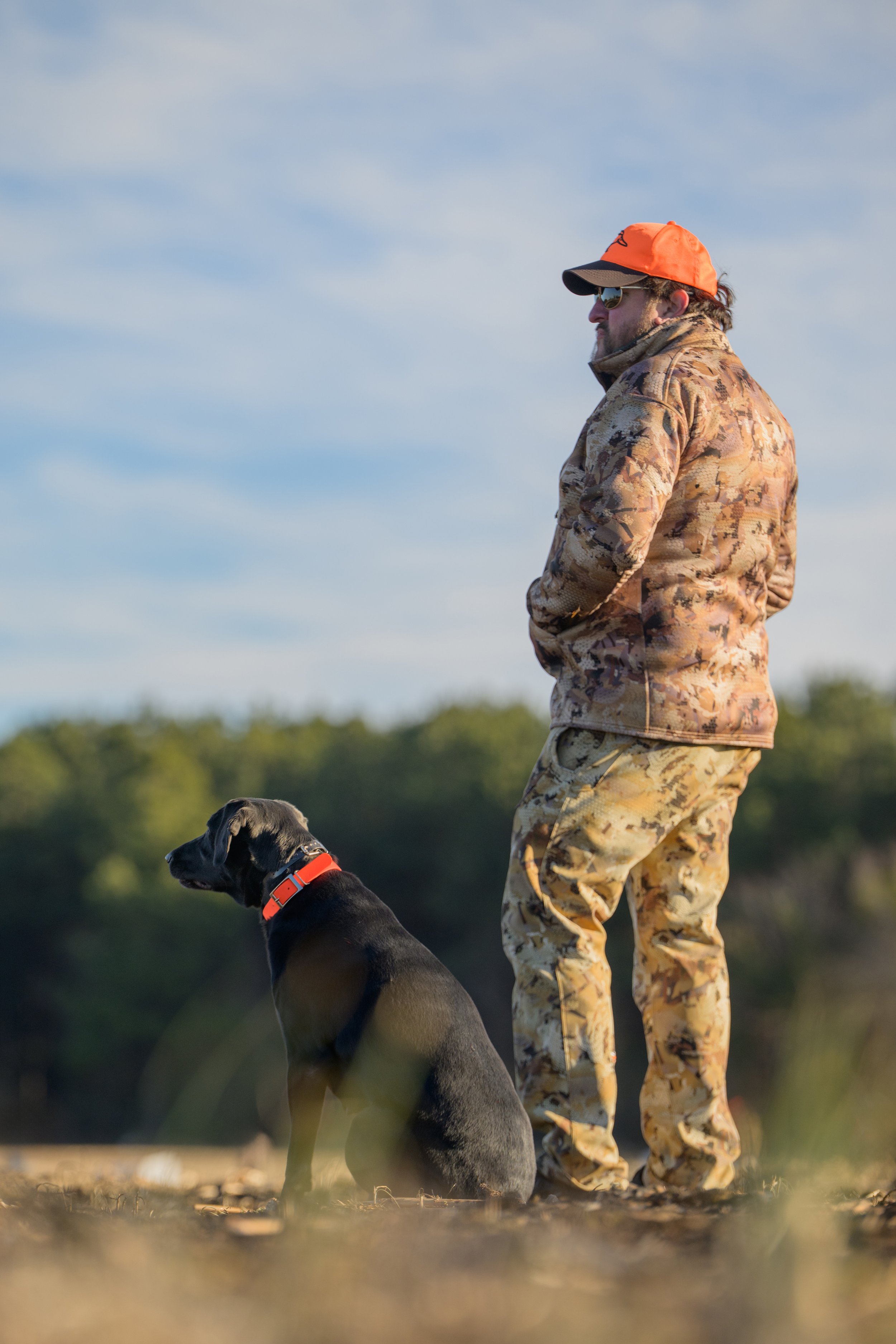 A hunter in a blaze orange cap and camo stands in a cut field beside his black Labrador Retriever, who sits watching the tree line.