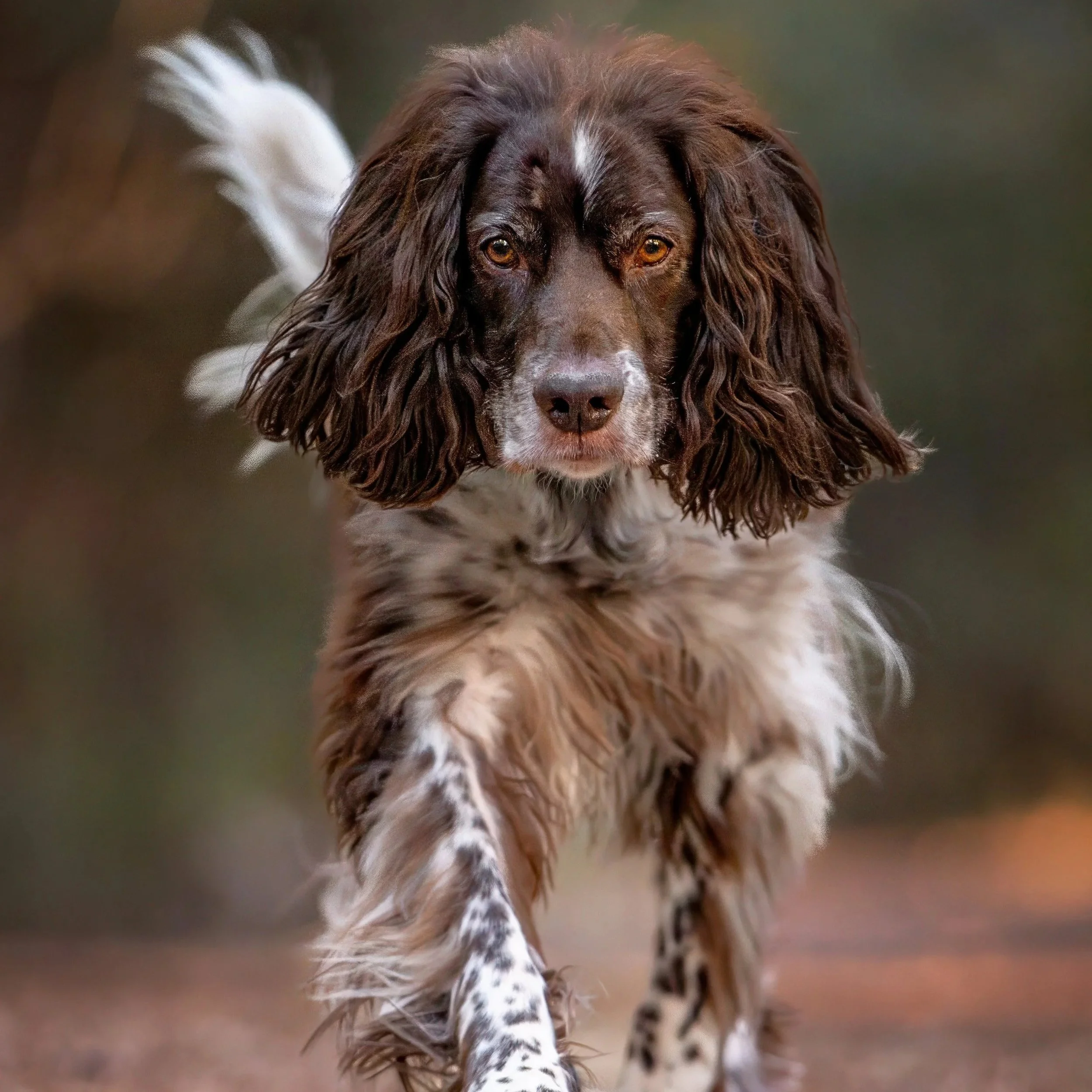 Brown-and-white English Springer Spaniel running toward the camera outdoors