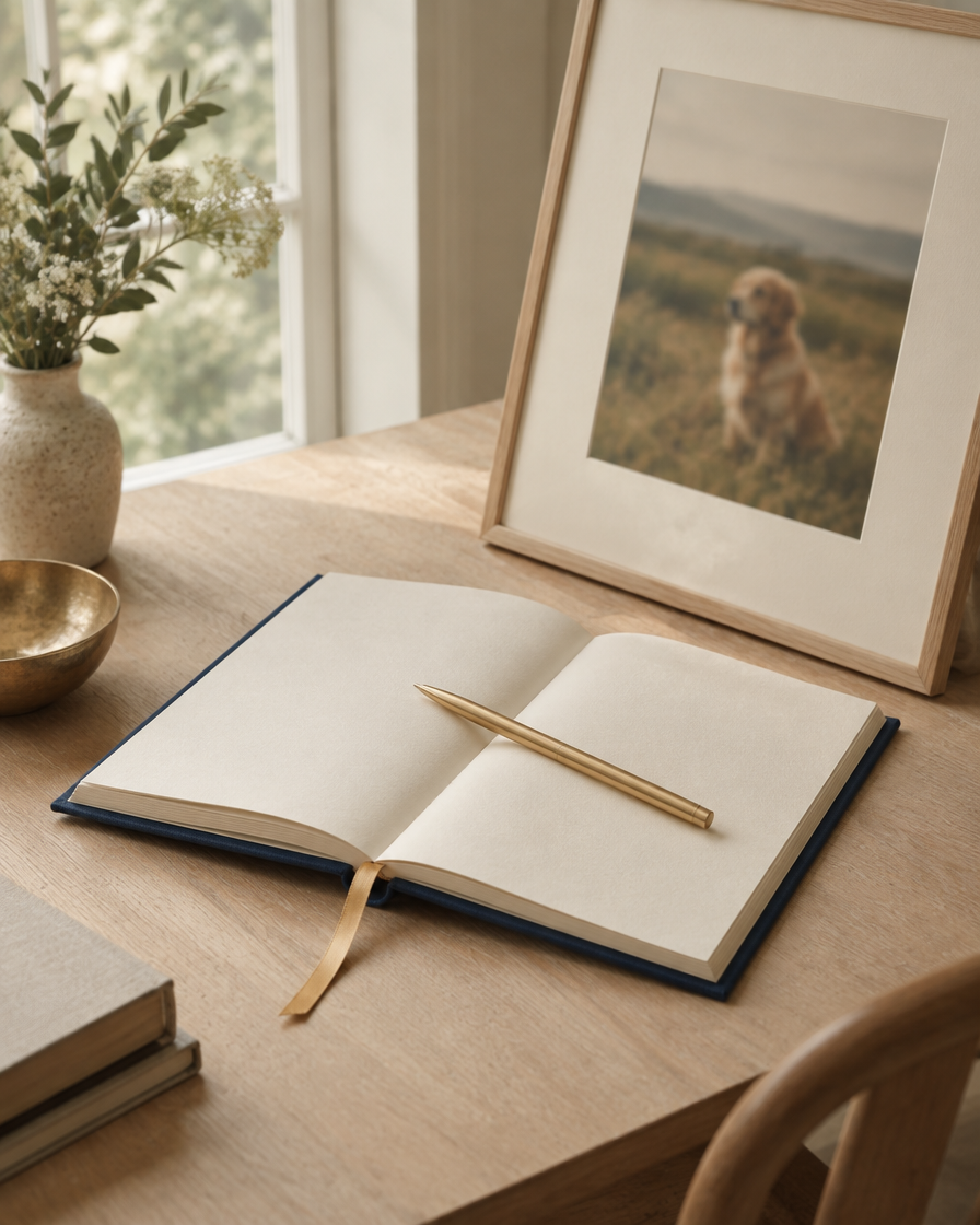 Open blank journal with a gold pen on a wooden desk beside a vase, window, and framed dog photograph