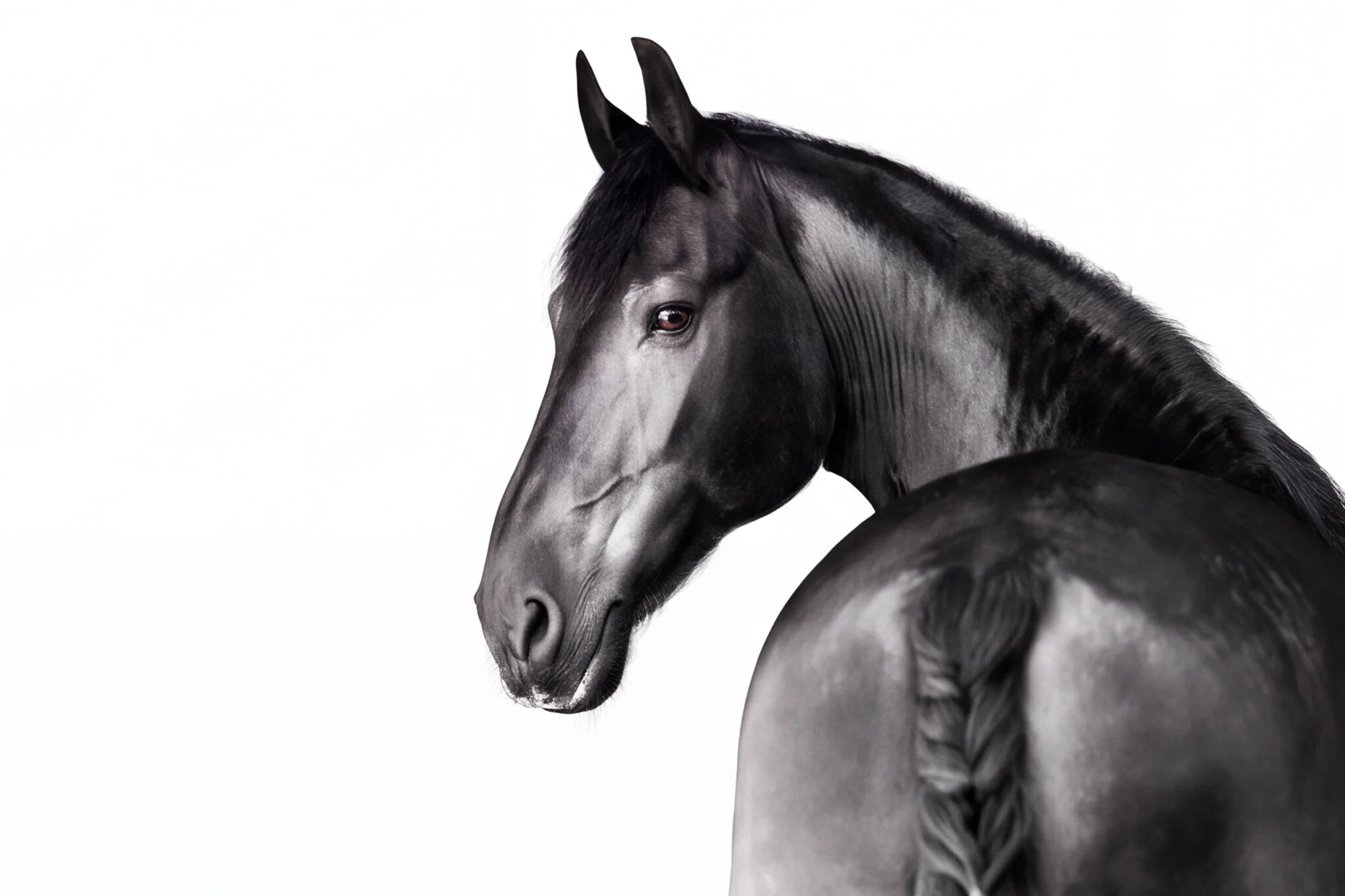 Close-up black horse portrait facing left against a white background