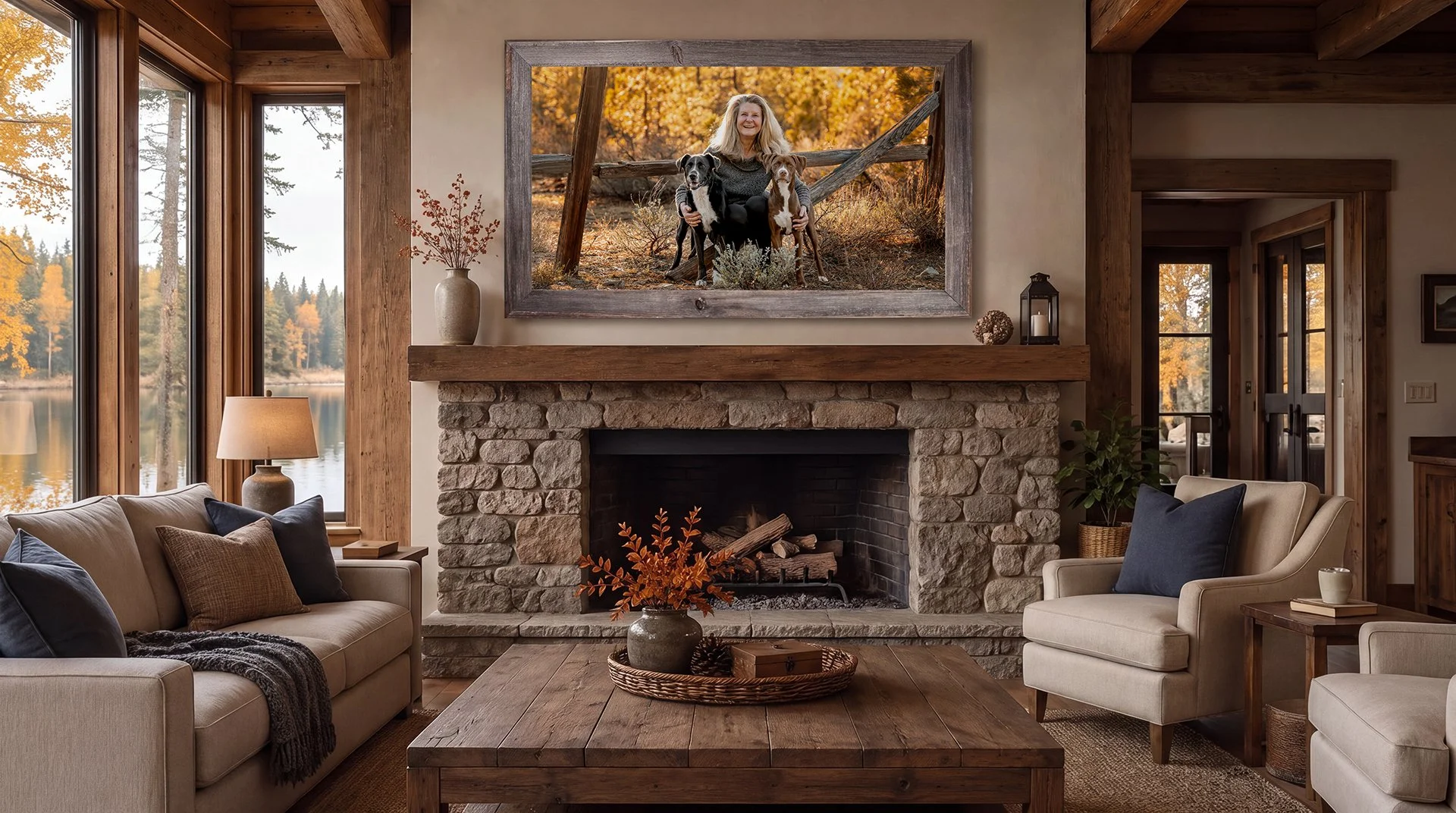 Cozy rustic living room with stone fireplace, lake-view windows, and framed portrait of a woman with two dogs