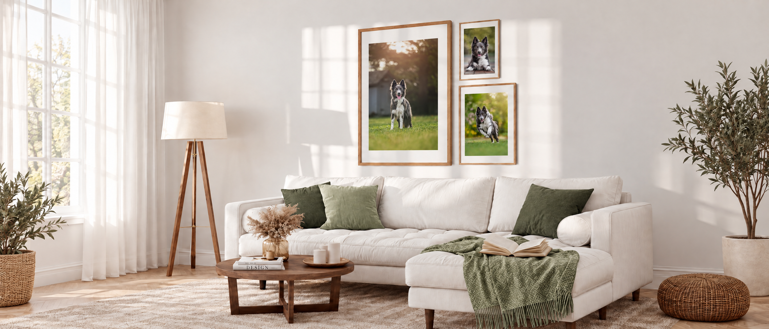 Bright modern living room with a white sectional sofa, green pillows and throw, wooden coffee table, indoor plants, floor lamp, and framed German Shepherd portraits.