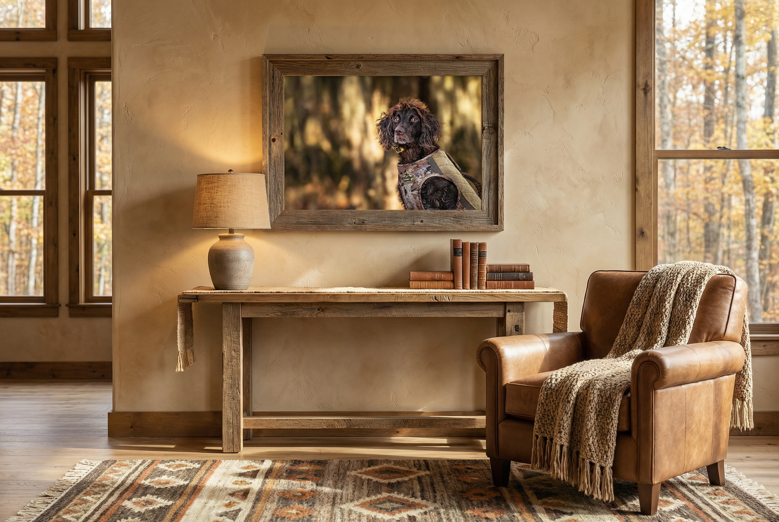 Rustic living room with a framed photo of a brown dog wearing an outdoor vest, wooden console table, lamp, books, leather armchair, and knitted throw blanket.