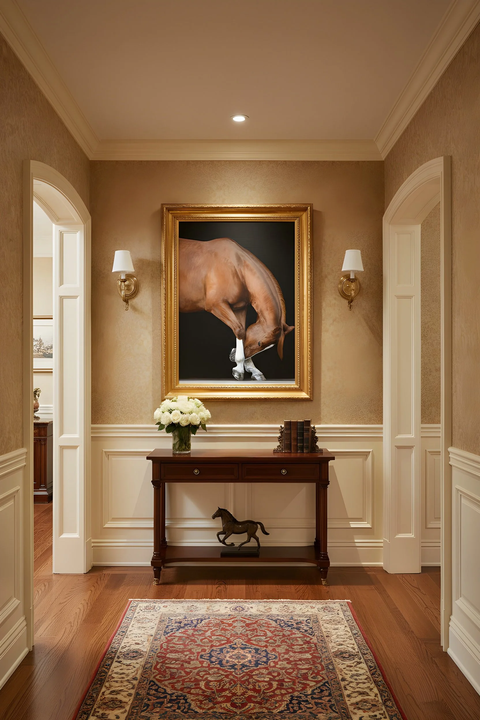 Elegant foyer with a framed horse painting, console table, flowers, books, horse sculpture, wall sconces, and patterned rug