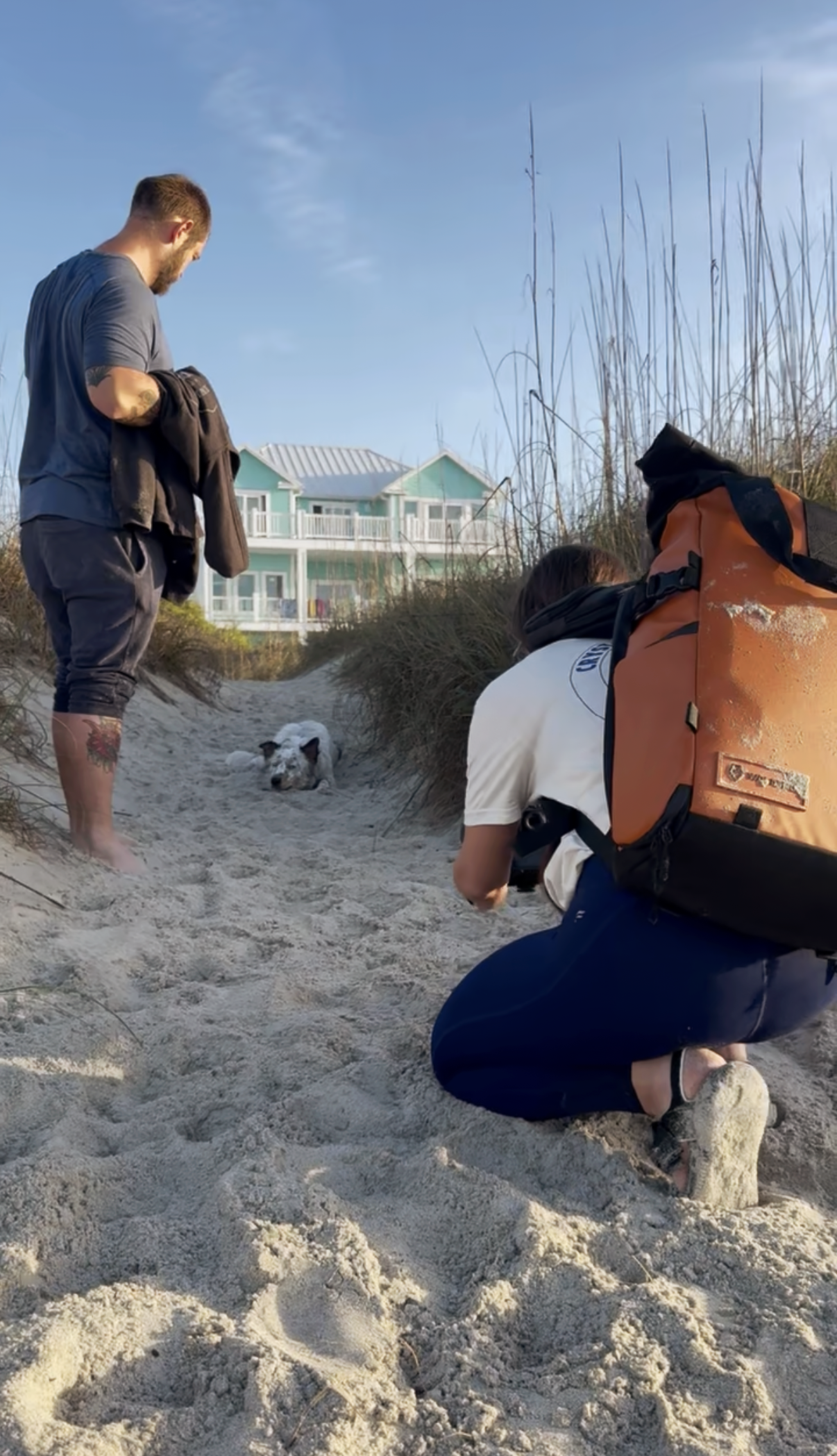 Two people search sandy beach dunes with a dog, backpack, and beach houses in the background.