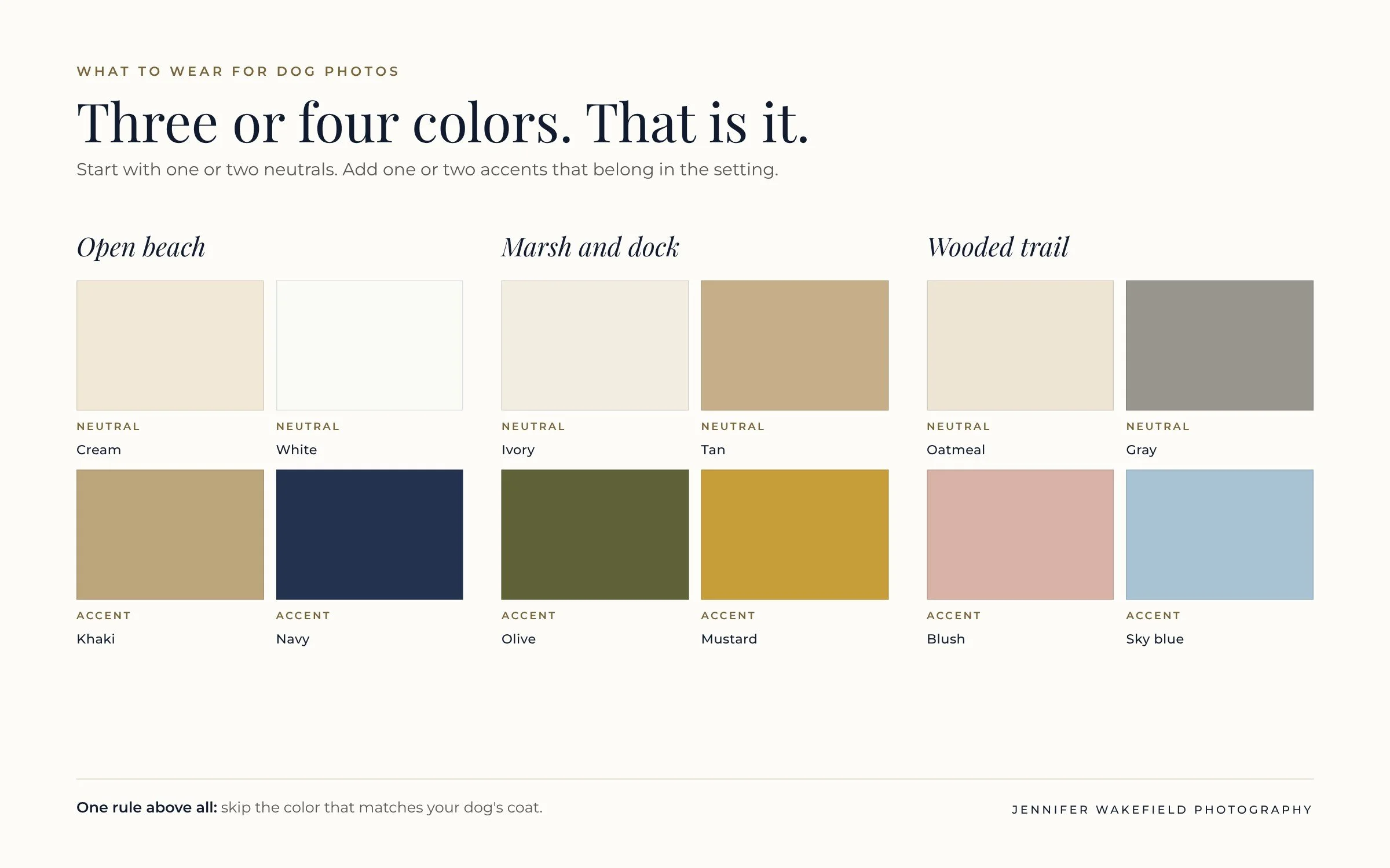 Three outfit color palettes for dog photos, open beach, marsh and dock, and wooded trail, each built from two neutrals and two accents.