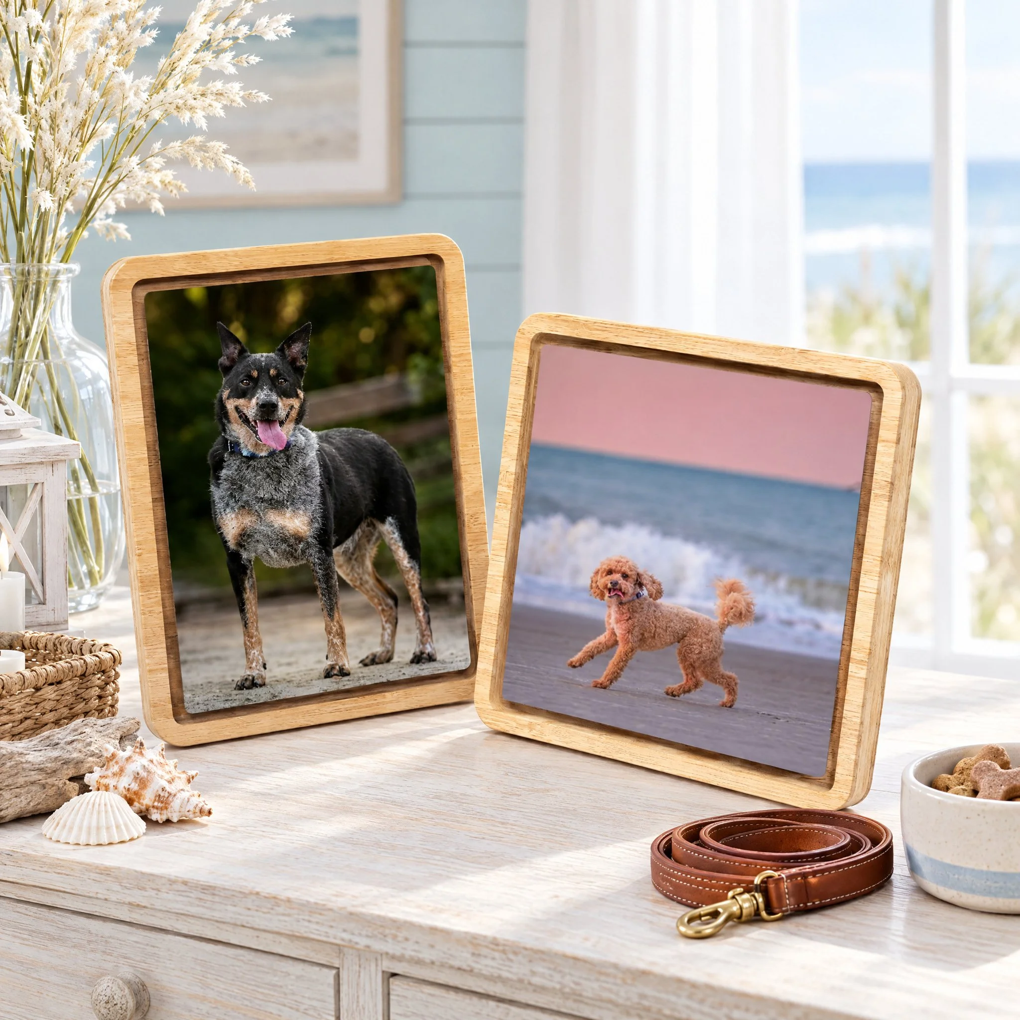 Two rounded wood desk frames on a coastal console table holding portraits of a blue heeler standing on a path and a red poodle trotting on the beach at sunset”