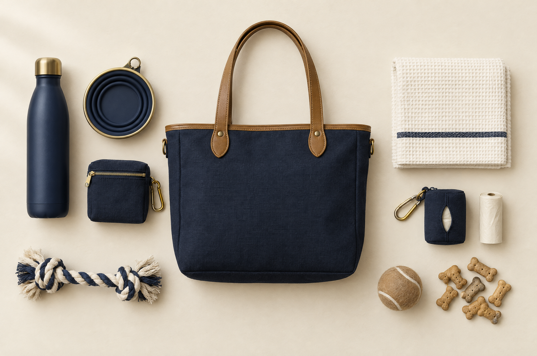 A navy canvas tote surrounded by what to pack for a dog photo session: a water bottle, a collapsible bowl, a treat pouch, poo bags, a towel, a rope toy, a tennis ball, and biscuits.