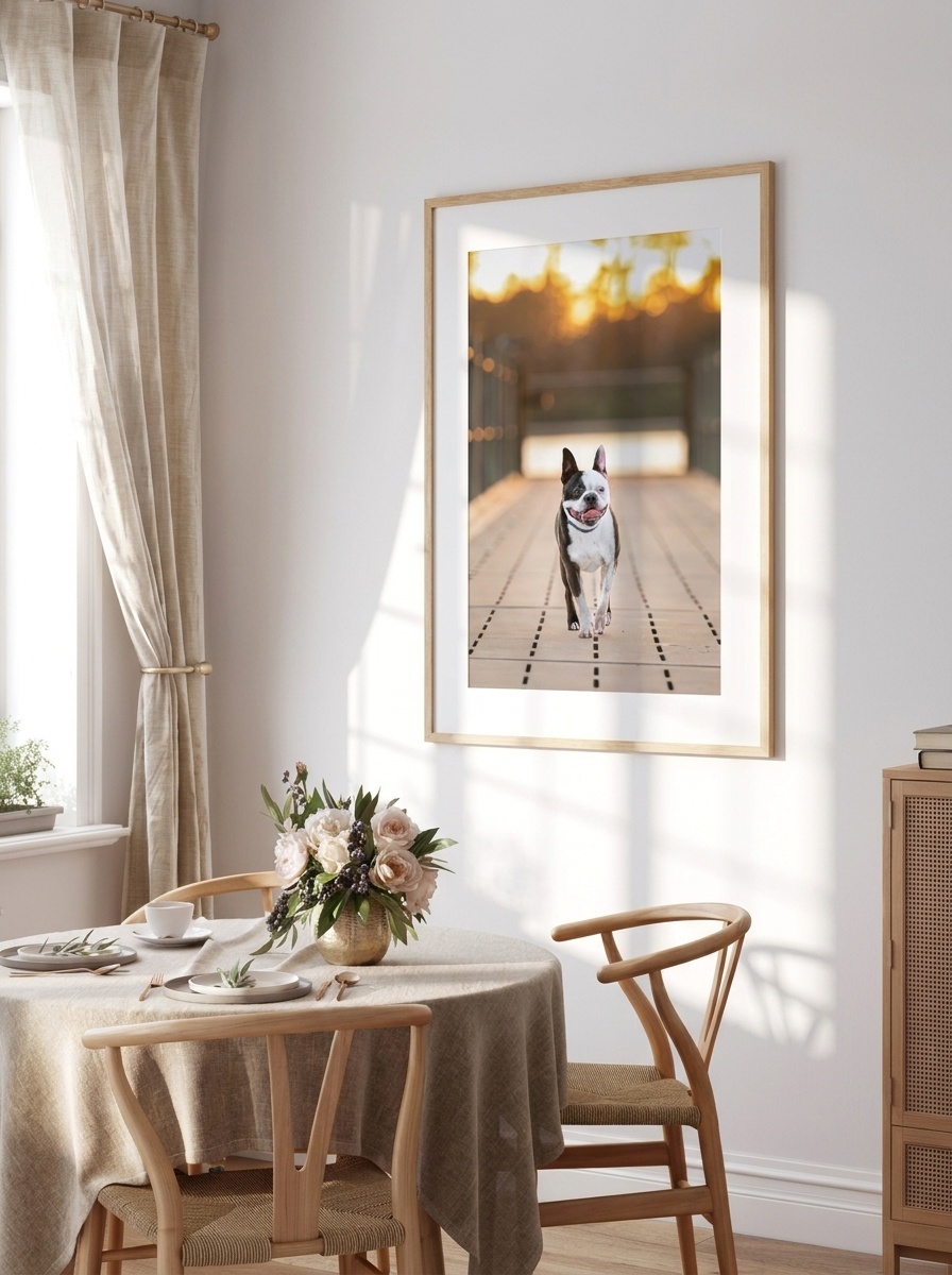 Bright dining room with a framed portrait of a Boston Terrier, linen curtains, floral centerpiece, and wooden chairs.