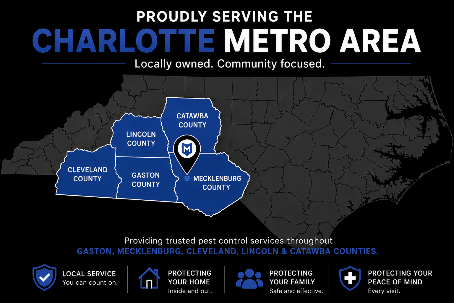 Map highlighting five counties in Charlotte metro area, including Catawba, Mecklenburg, Gaston, Lincoln, and Cleveland, with a logo indicating pest control services. Text emphasizes local, community-focused pest control coverage.