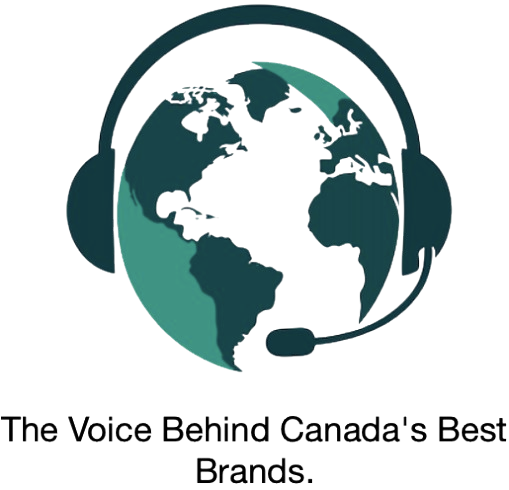 A globe with a headset surrounding it, representing global communication or customer service. Text below reads, "The Voice Behind Canada's Best Brands."