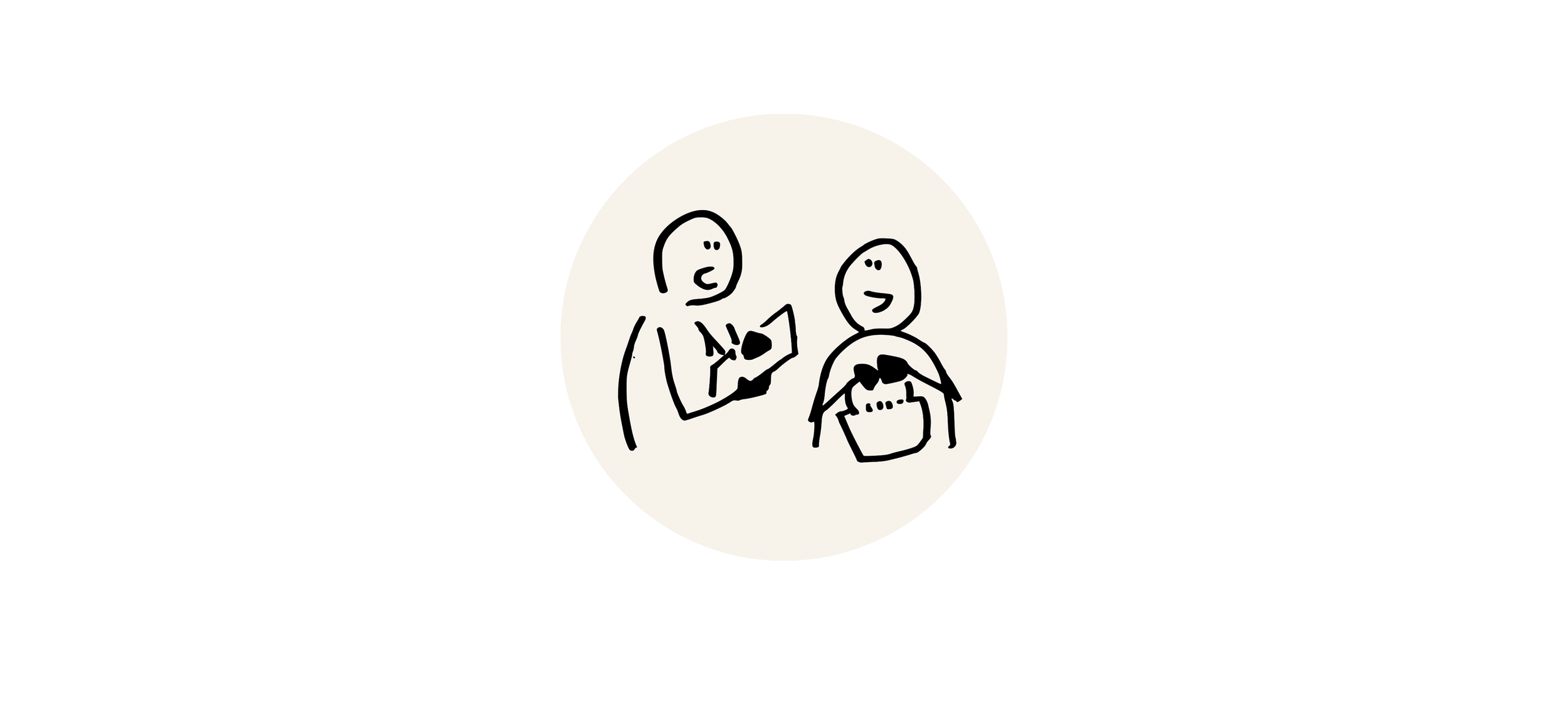 A simple line drawing of two women, one holding a book or paper, and the other holding a shopping bag.