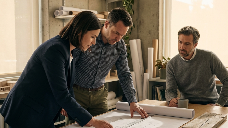 Three people, two men and one woman, are looking at a large blueprint on a table in an office or studio with window light, shelves with rolls of paper, and some plants in the background.