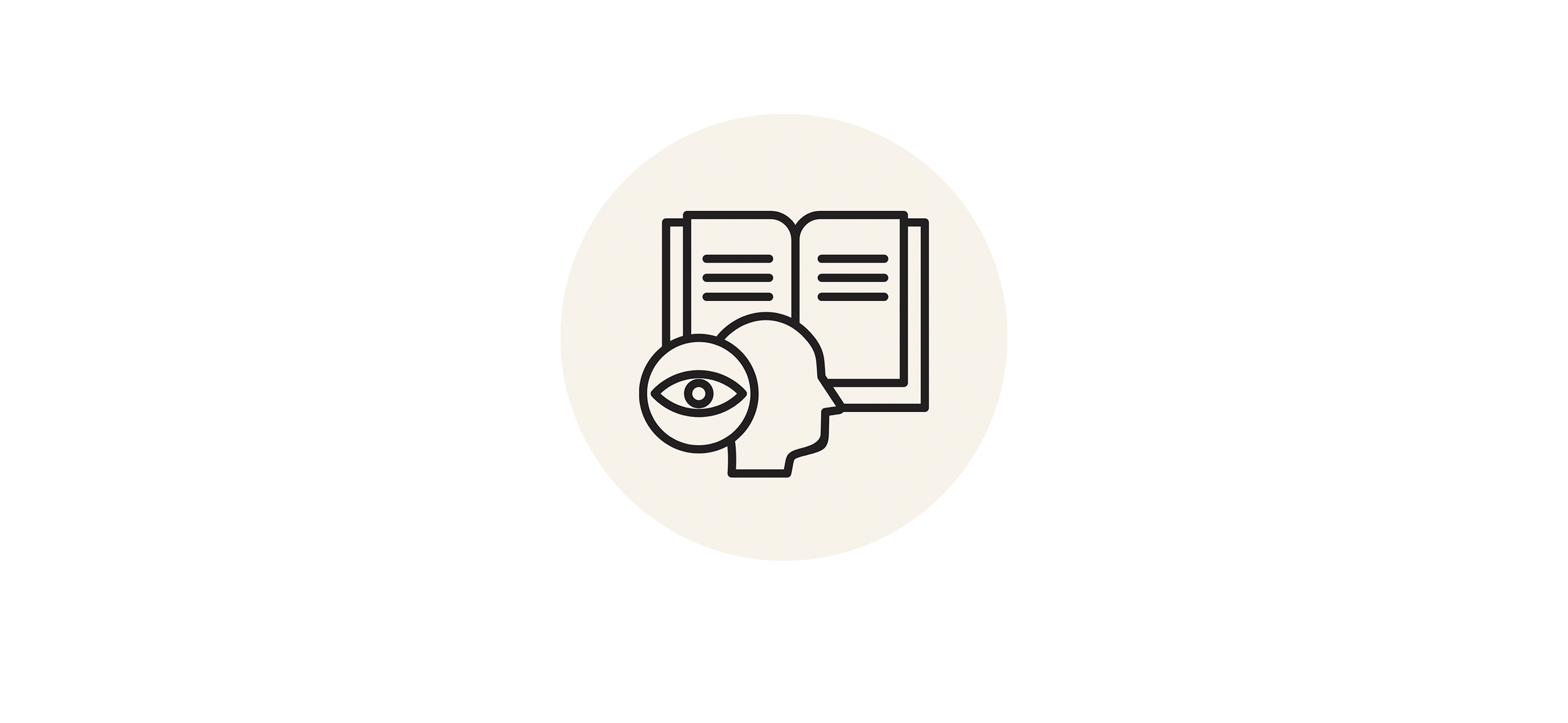 Outline icon of a person's head with an open book and an eye inside a magnifying glass.