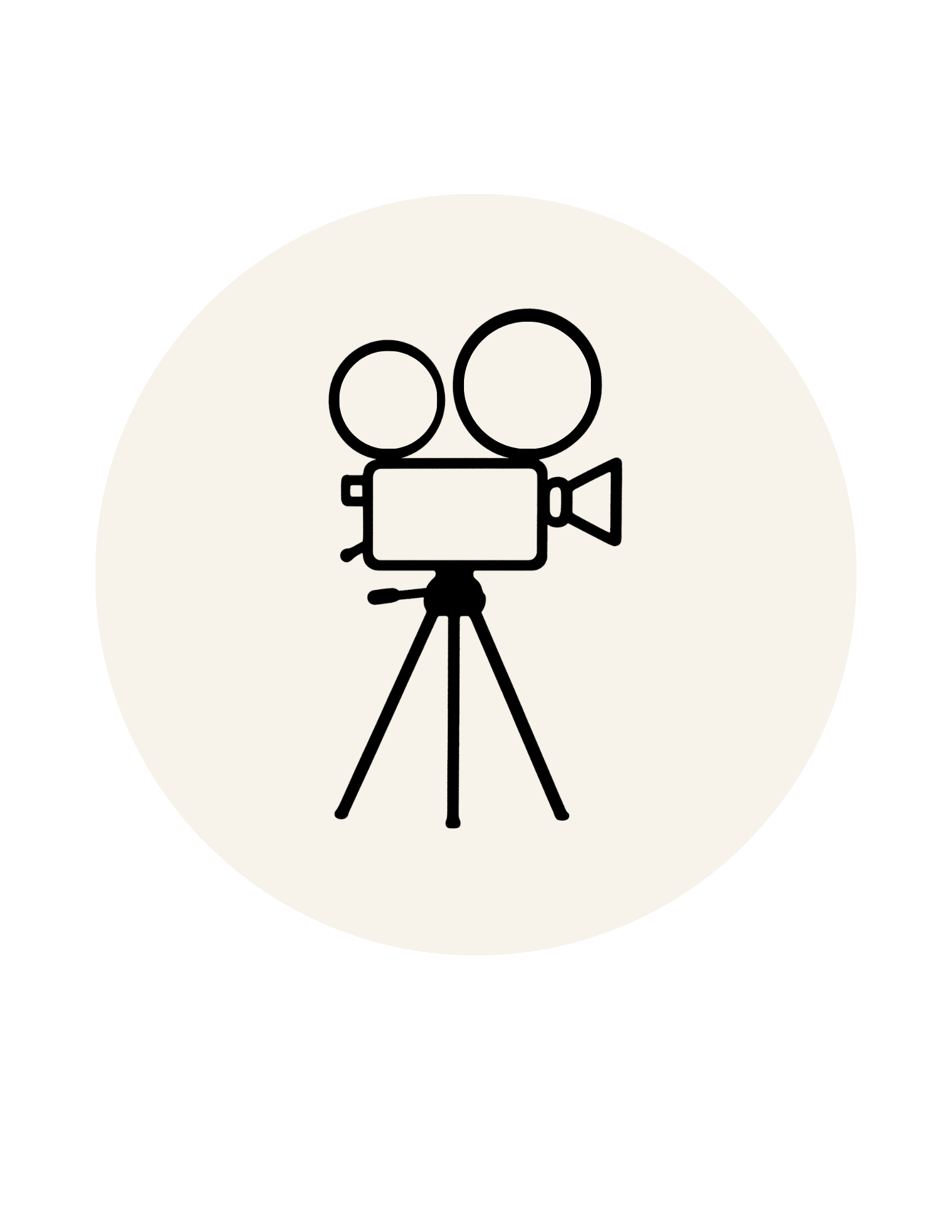 Icon of a vintage film camera on tripod, inside a white circle with black background.