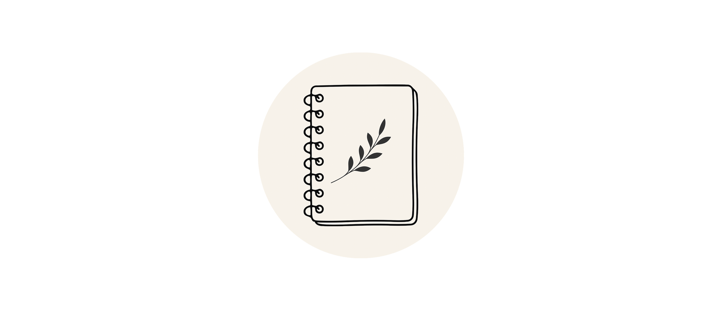 A black and white line drawing of a notebook with a simple plant illustration on the cover, surrounded by a circular background.