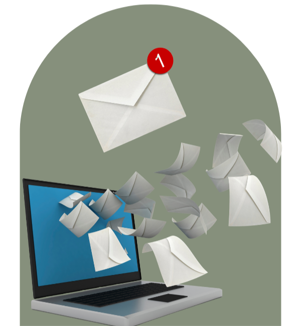 A laptop with digital paper airplanes flying out of the screen, with one paper airplane coming from an email notification icon.