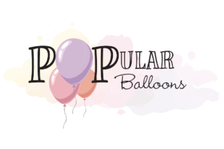 Illustration with pastel-colored balloons and the text "Popular Balloons" in elegant fonts, with a soft watercolor background.