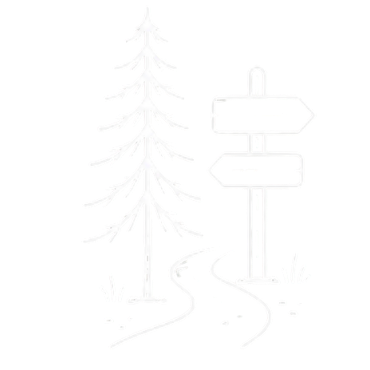 Hiking trail sign featuring decorative elements like a pine branch, and winding trail path moving up and forward.