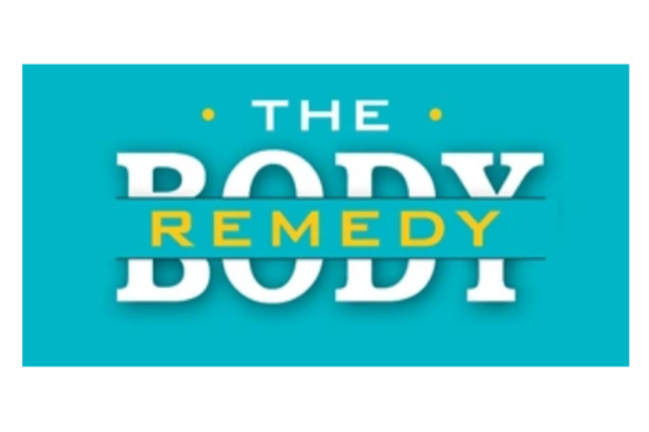 Text reading 'The Body Remedy' on a turquoise background with yellow and white lettering.